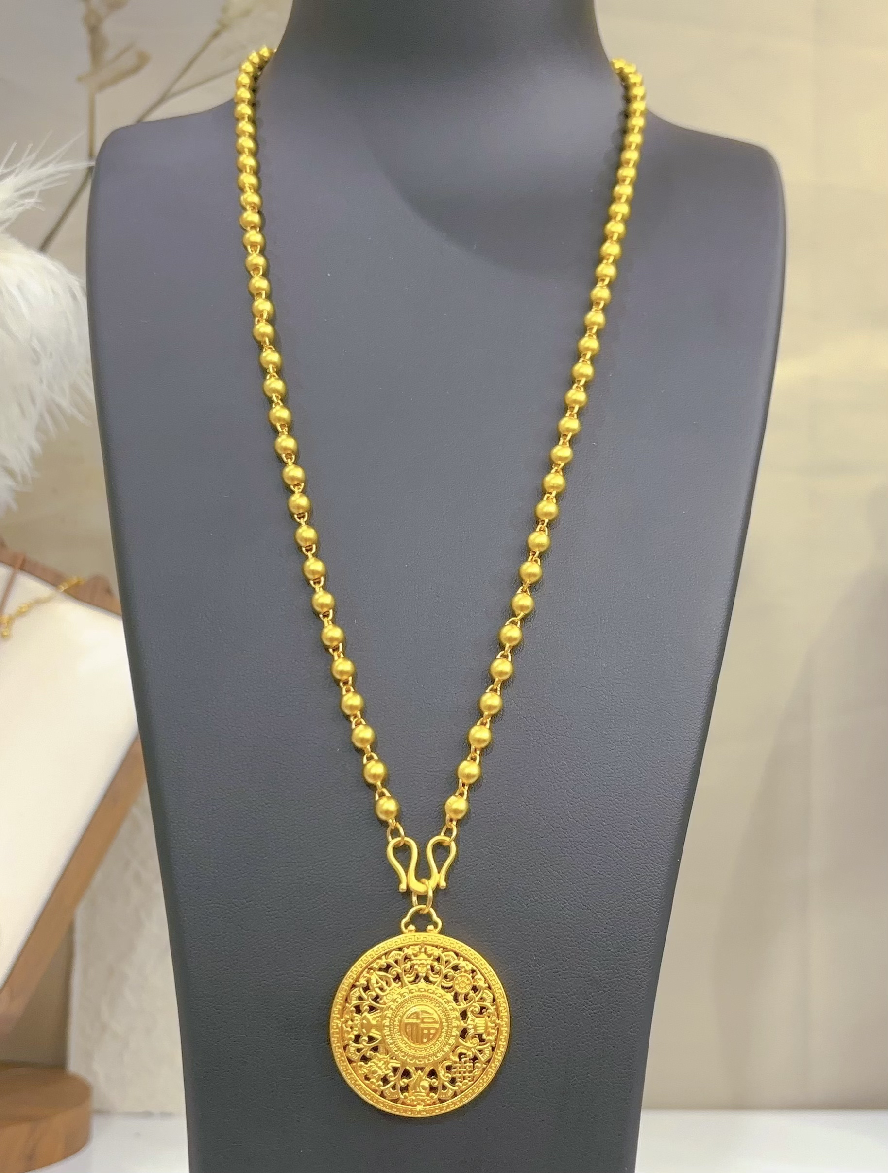 铜合金项链 精工卡5/卡6mm哑光珠珠链配万福罗盘