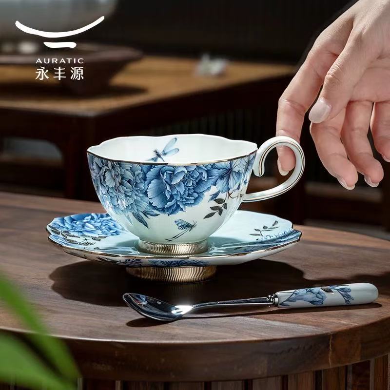 永丰源【新品】永丰源铂金青花3头茶咖具咖啡杯碟陶瓷下午茶礼盒装