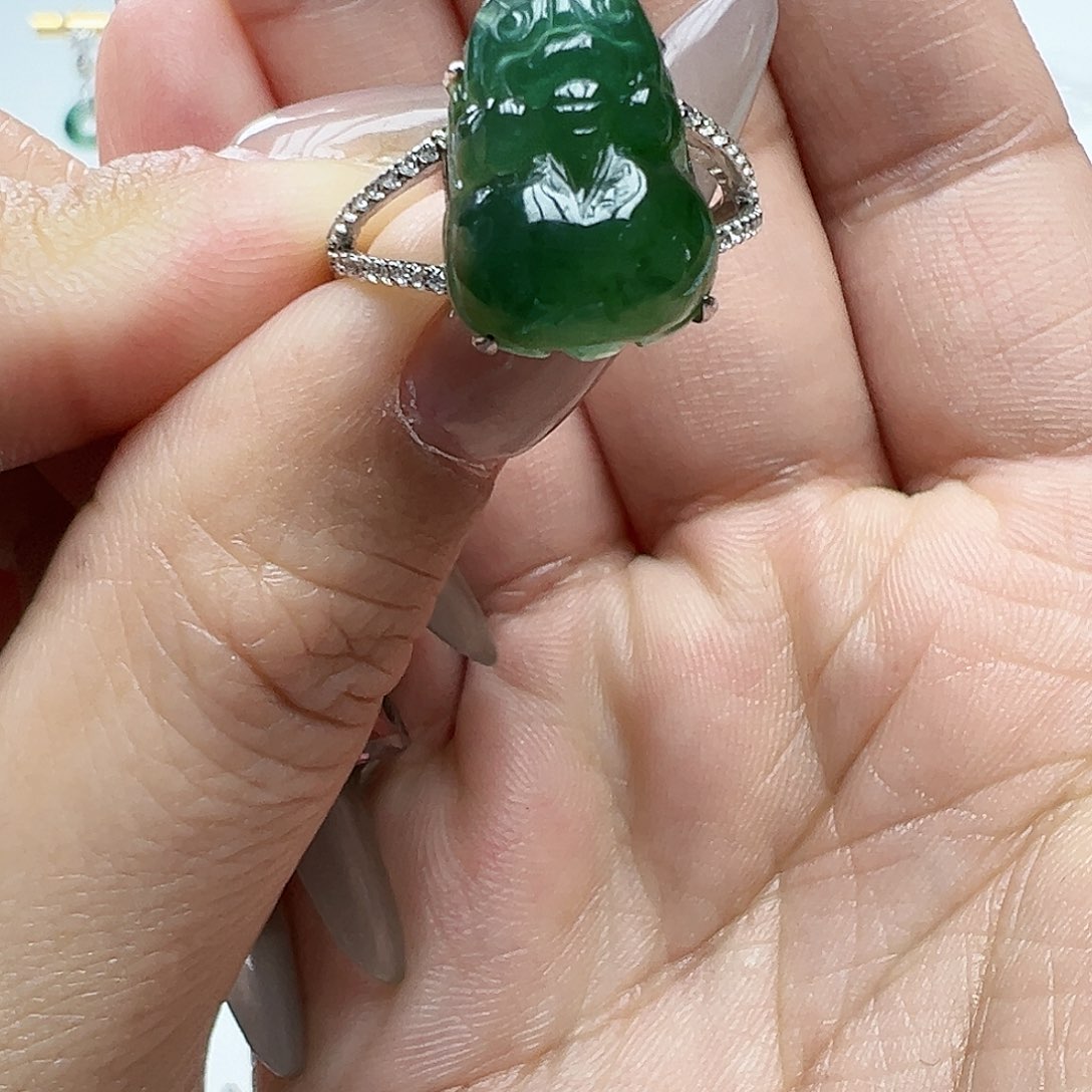 翡翠戒指银S925镶嵌河**吼天然缅甸A货翡翠