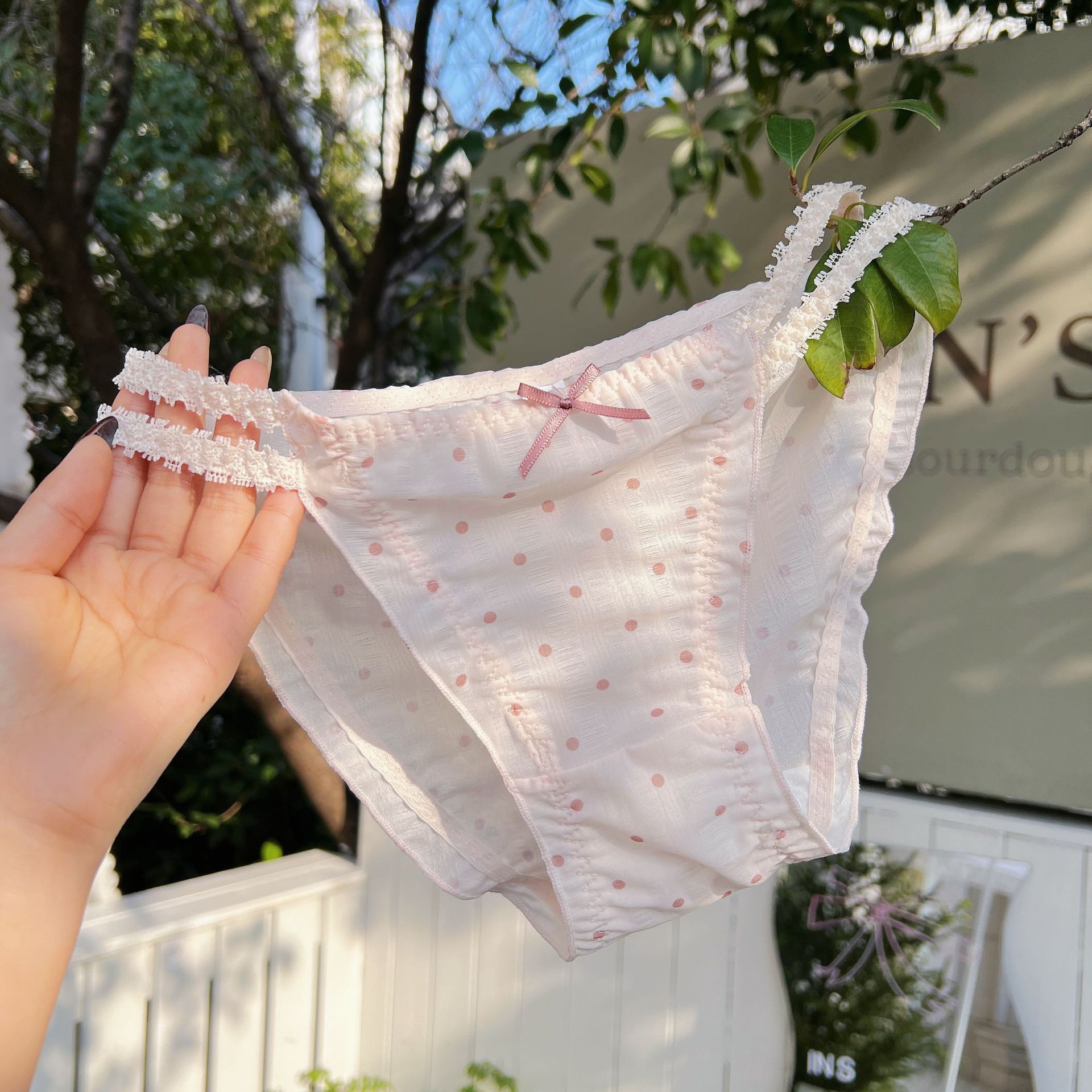 ins百褶泡泡~日系波点内裤少女高开叉显腿长纯棉裆中腰女士三角裤