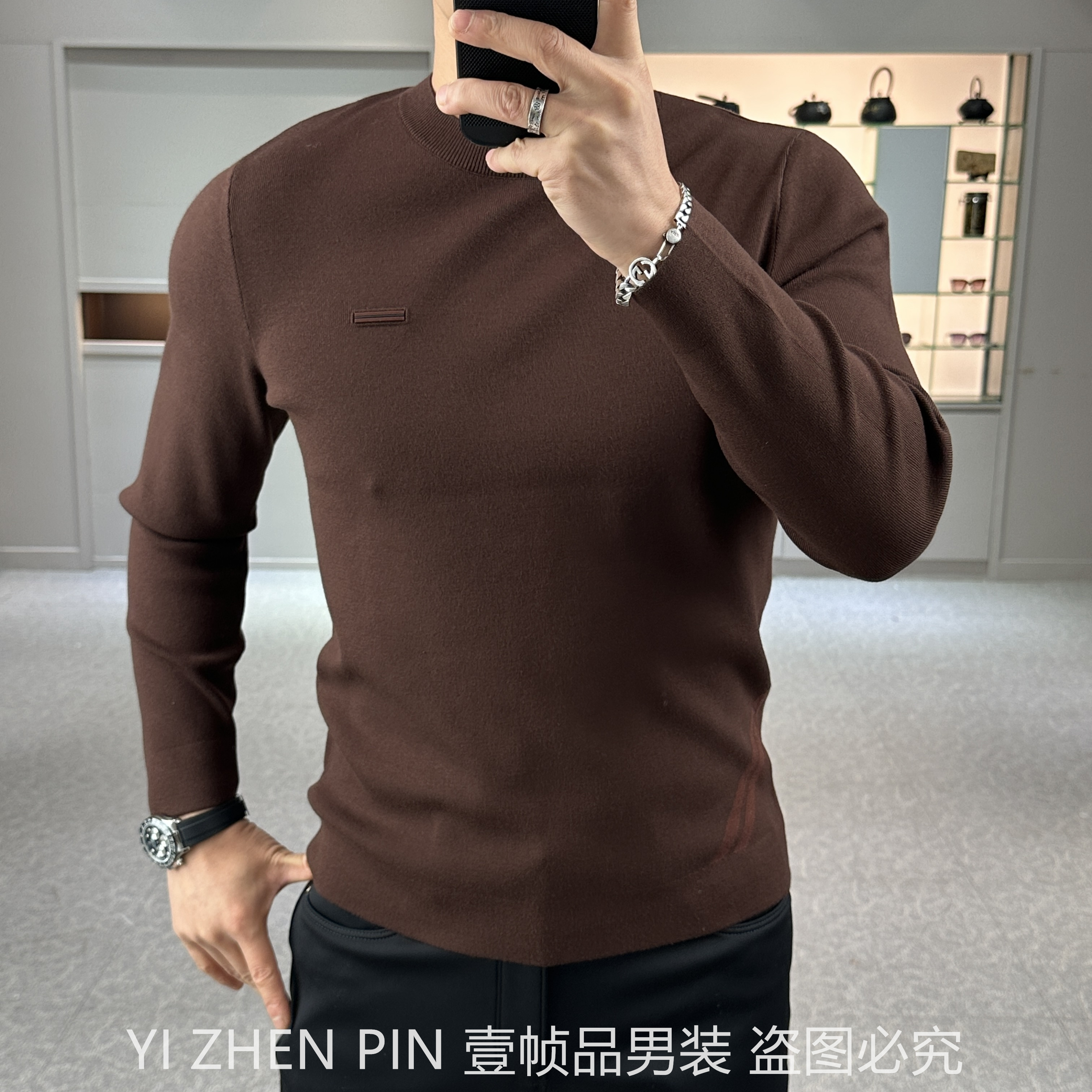 【壹帧品】清NO退莫代尔亲肤柔简约高弹圆领时尚秋冬修身男士毛衣