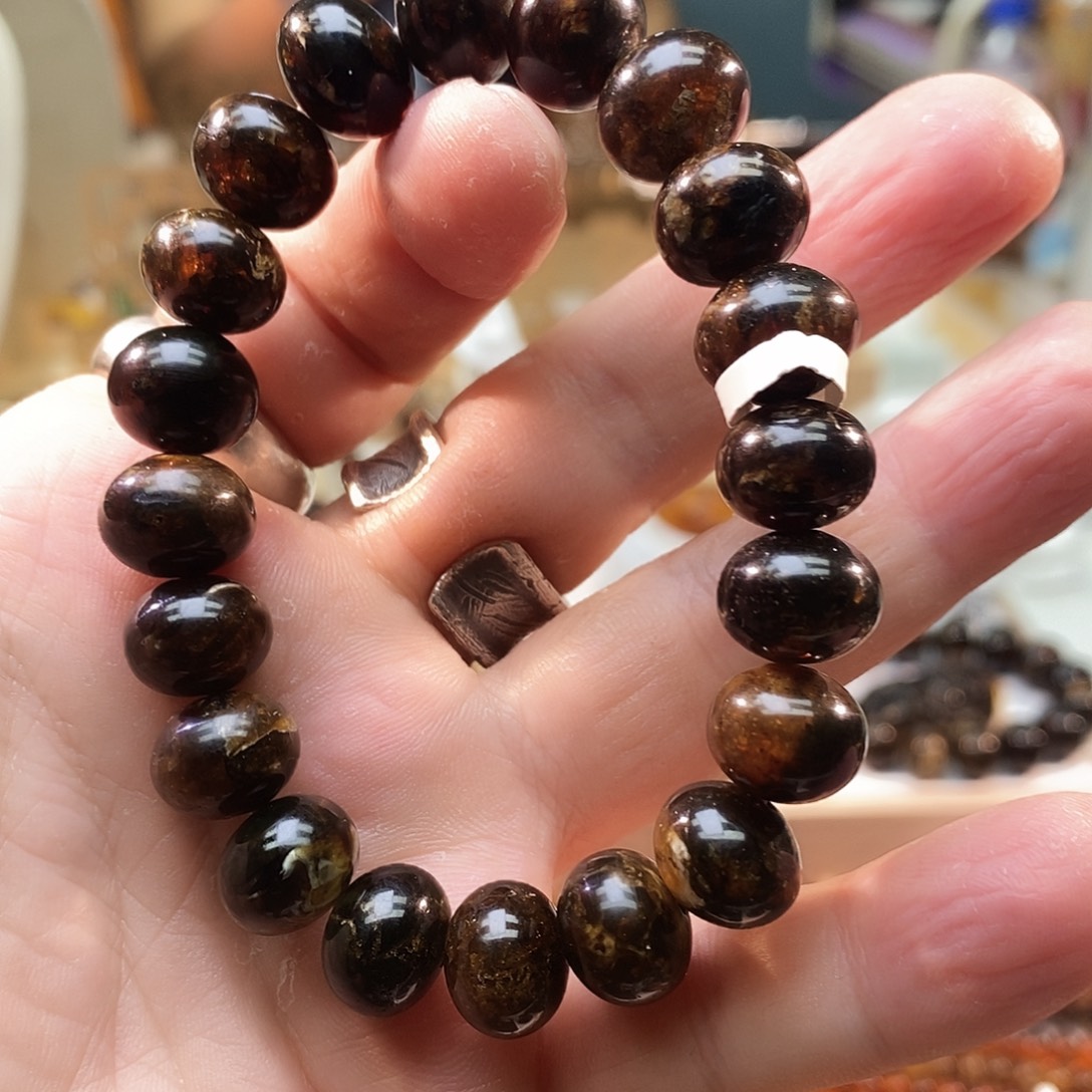 琥珀未镶嵌裸石黑花单圈12+