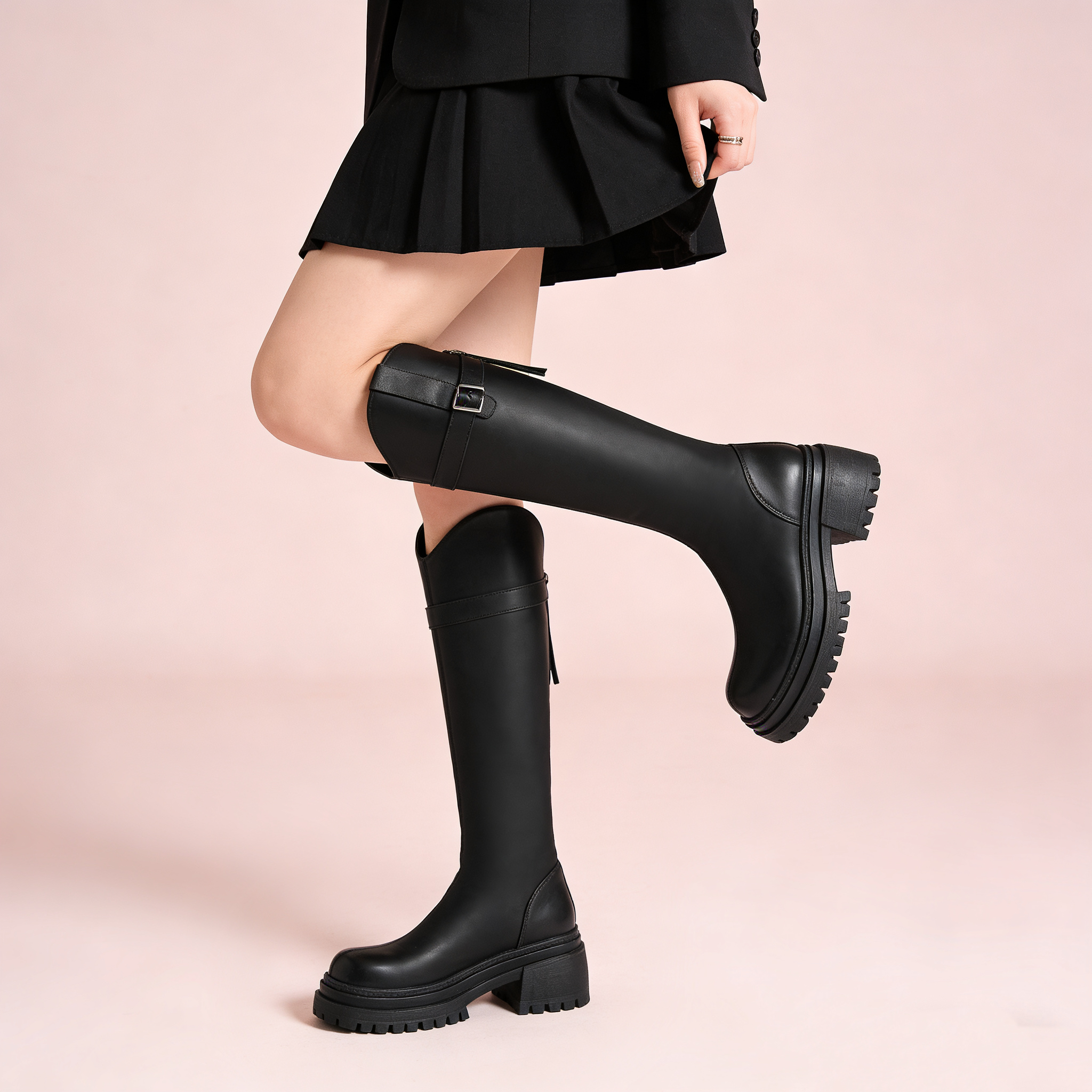 秋冬新款加绒百搭厚底简约小个子显瘦长筒靴5210-1