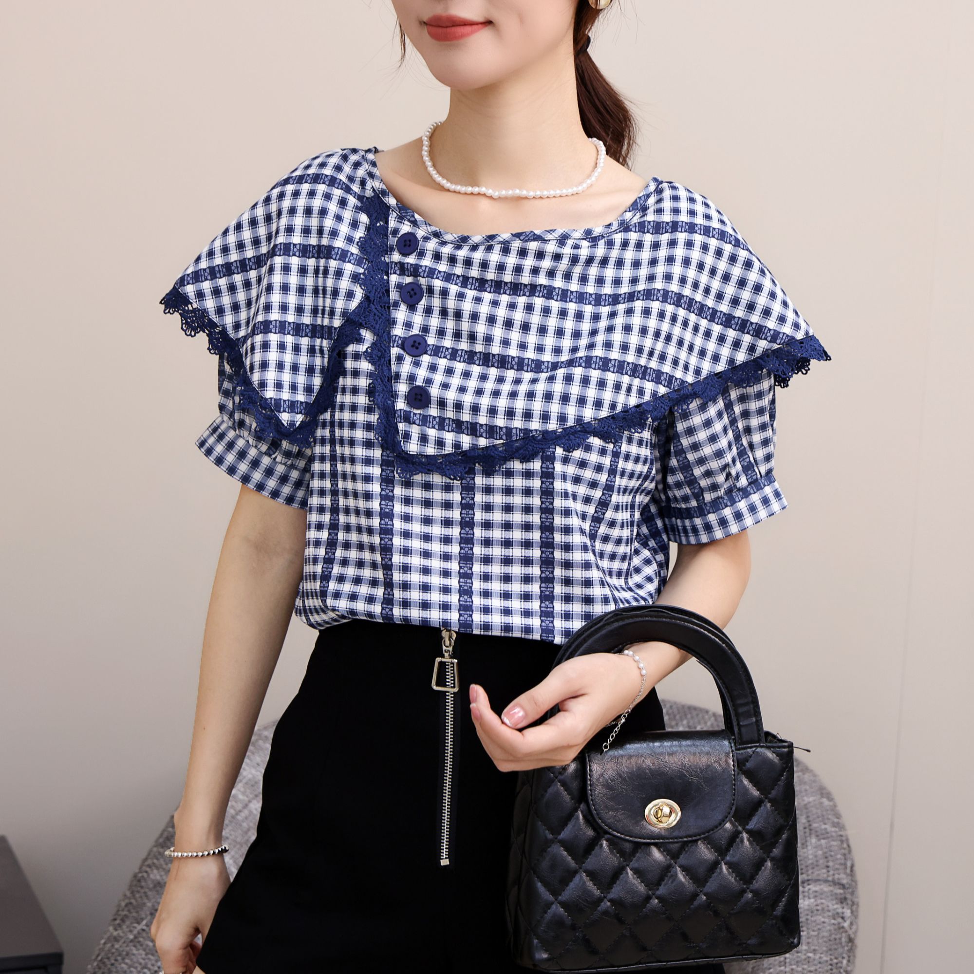 短袖夏季新款时尚韩系洋气格纹设计感不规则翻领气质格子衬衫