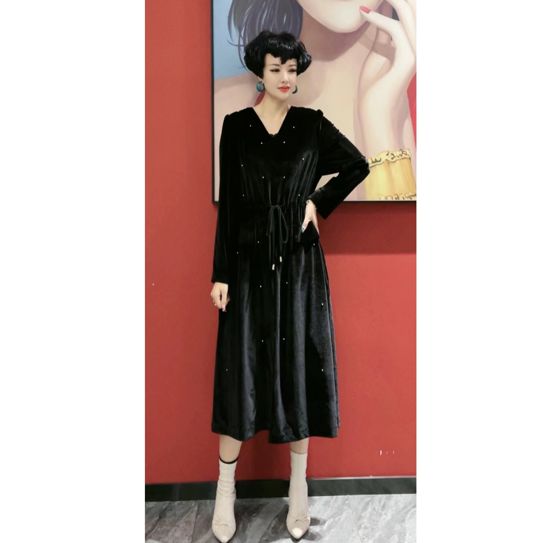 YJ-72610-O 菲姐高端气质连衣裙长款复古秋冬女装