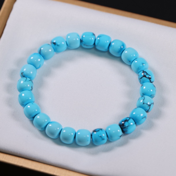 原矿绿松石精品水草纹老型手串，直径8.5-9.2mm，重24.63g，圈围17cm
