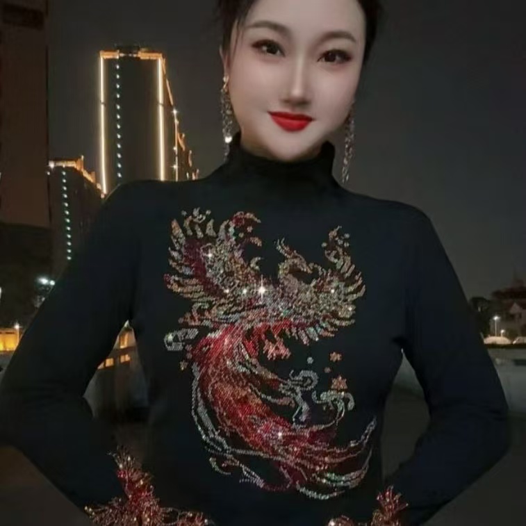 【18火凤凰秋冬新款半高领】加绒打底衫内搭时尚烫钻上衣显瘦长袖D
