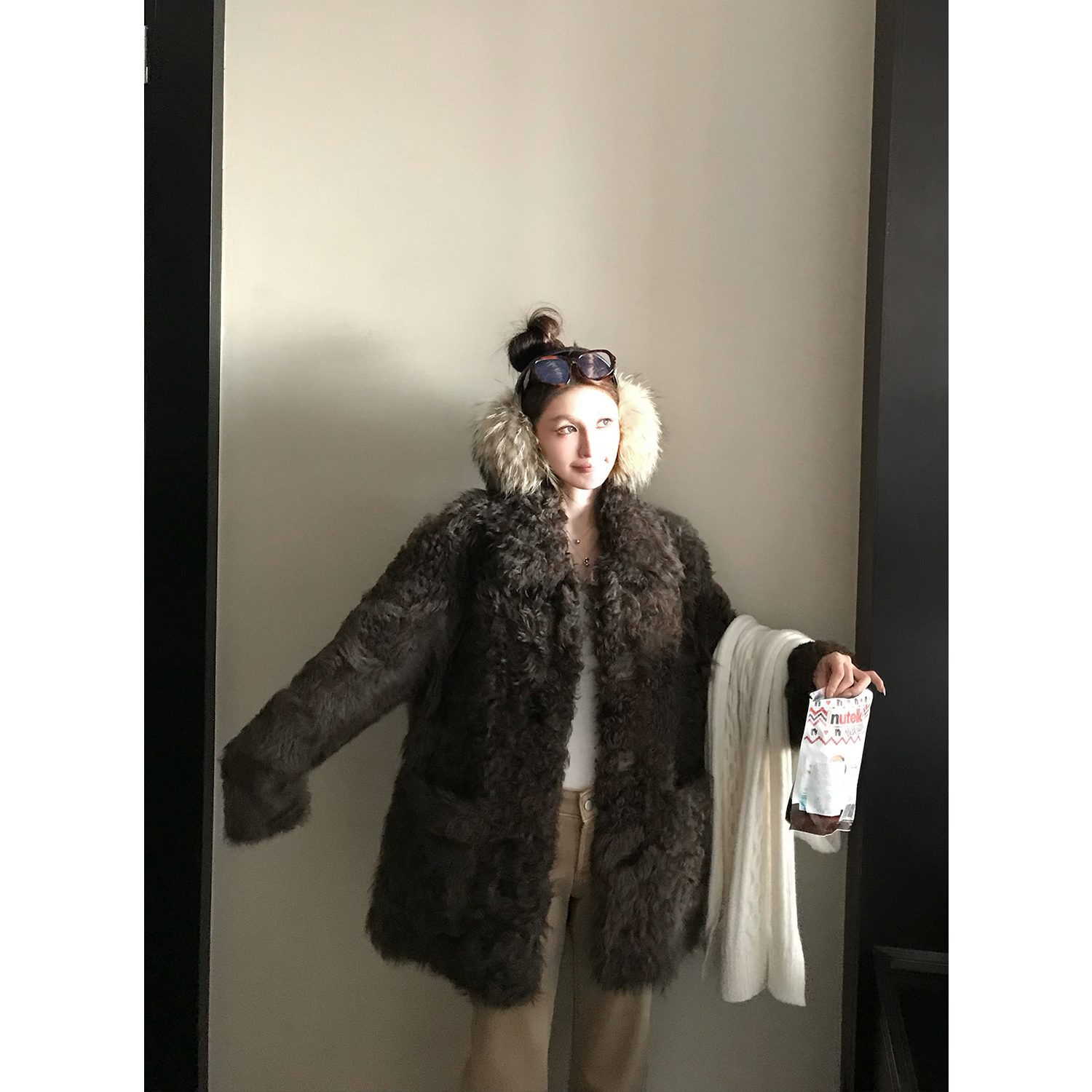 "舞茶小调"西班牙进口托斯卡纳卷毛皮毛一体 手工牛角扣皮草外套