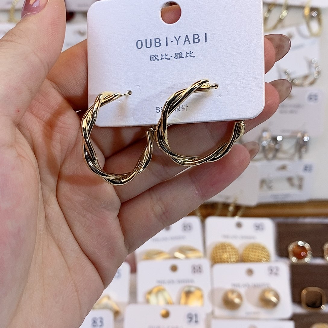 铜合金925银金色麻花耳圈3cm