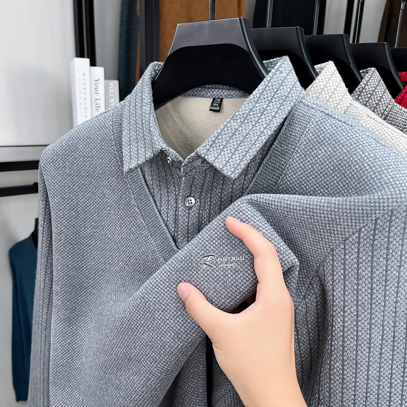 衬衫领假两件毛衣男加绒加厚冬季一体绒保暖针织打底衫男2025新款