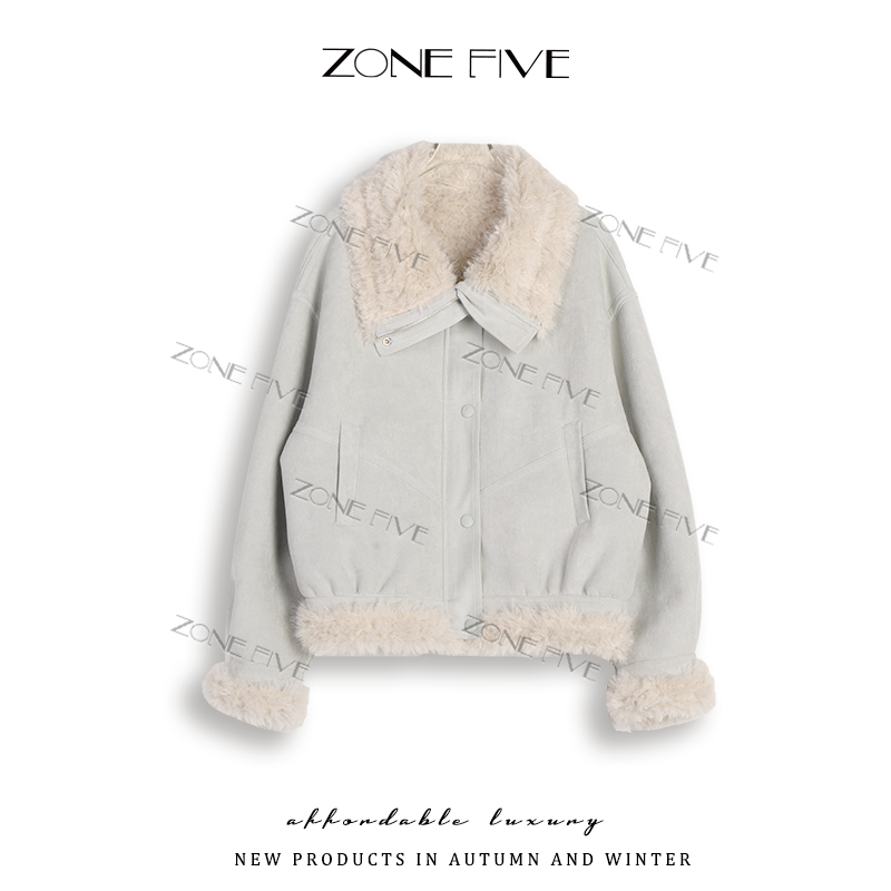 【zonefive】仿羔毛外套女2025冬季短款小个子机车服加厚上衣-397