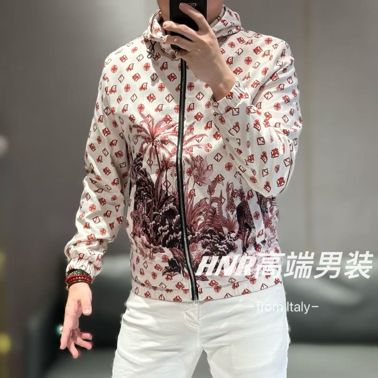 高端欧货男装全身满花图案点缀椰子树海岛风情连帽春款夹克5232