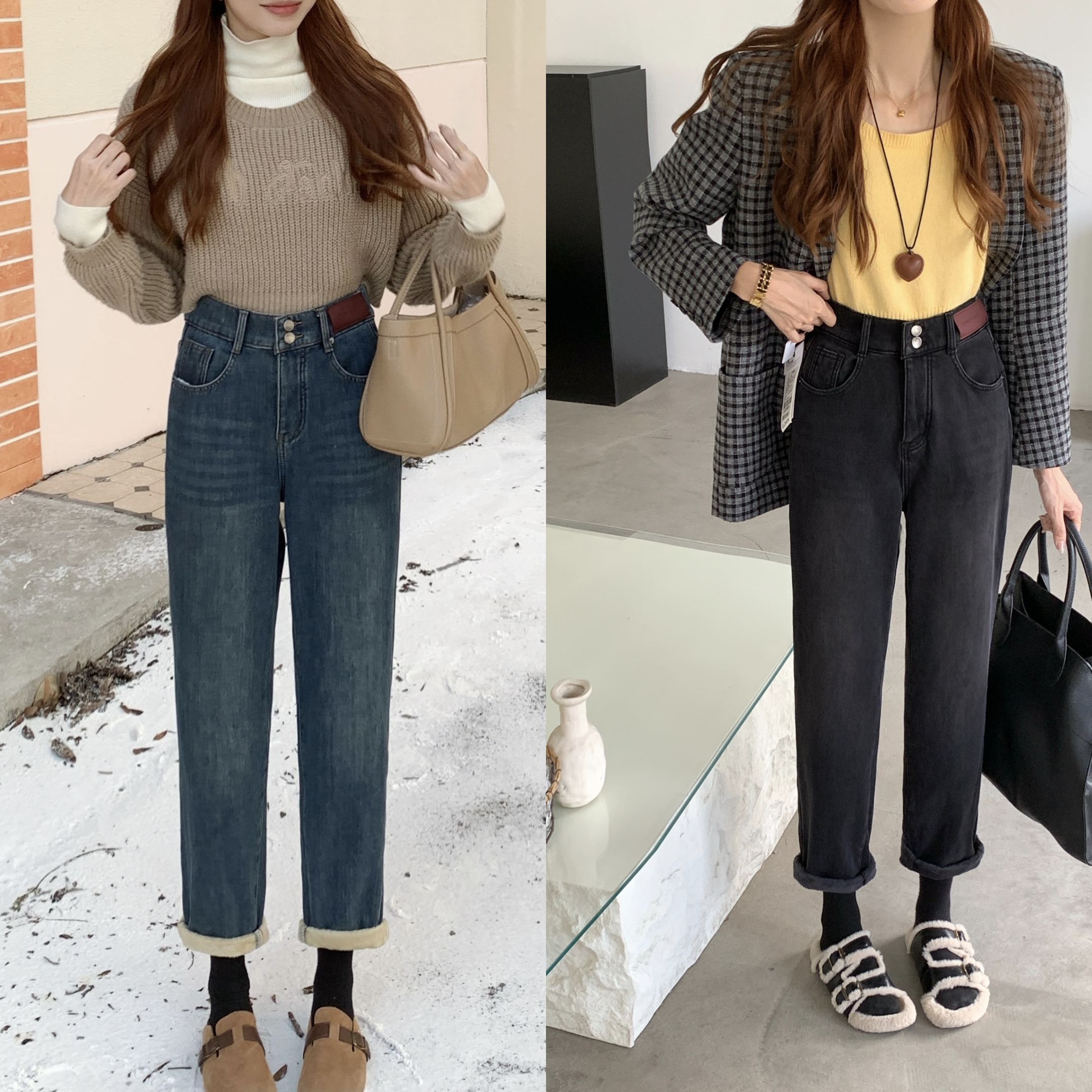 印语芩大码秋冬高腰显瘦时尚百搭弹力哈伦牛仔裤（加绒不加绒都有）