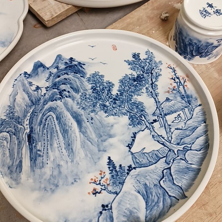 盘景德镇手绘釉下彩手绘青花