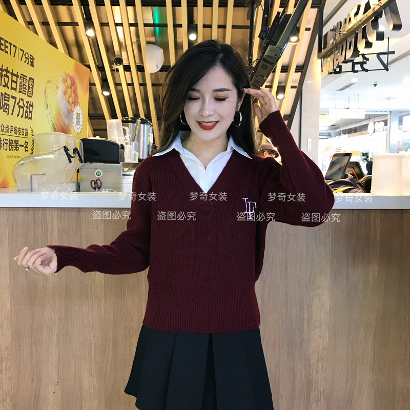 学院风假两件Polo衬衫领针织衫女秋冬款洋气减龄宽松百搭毛衣