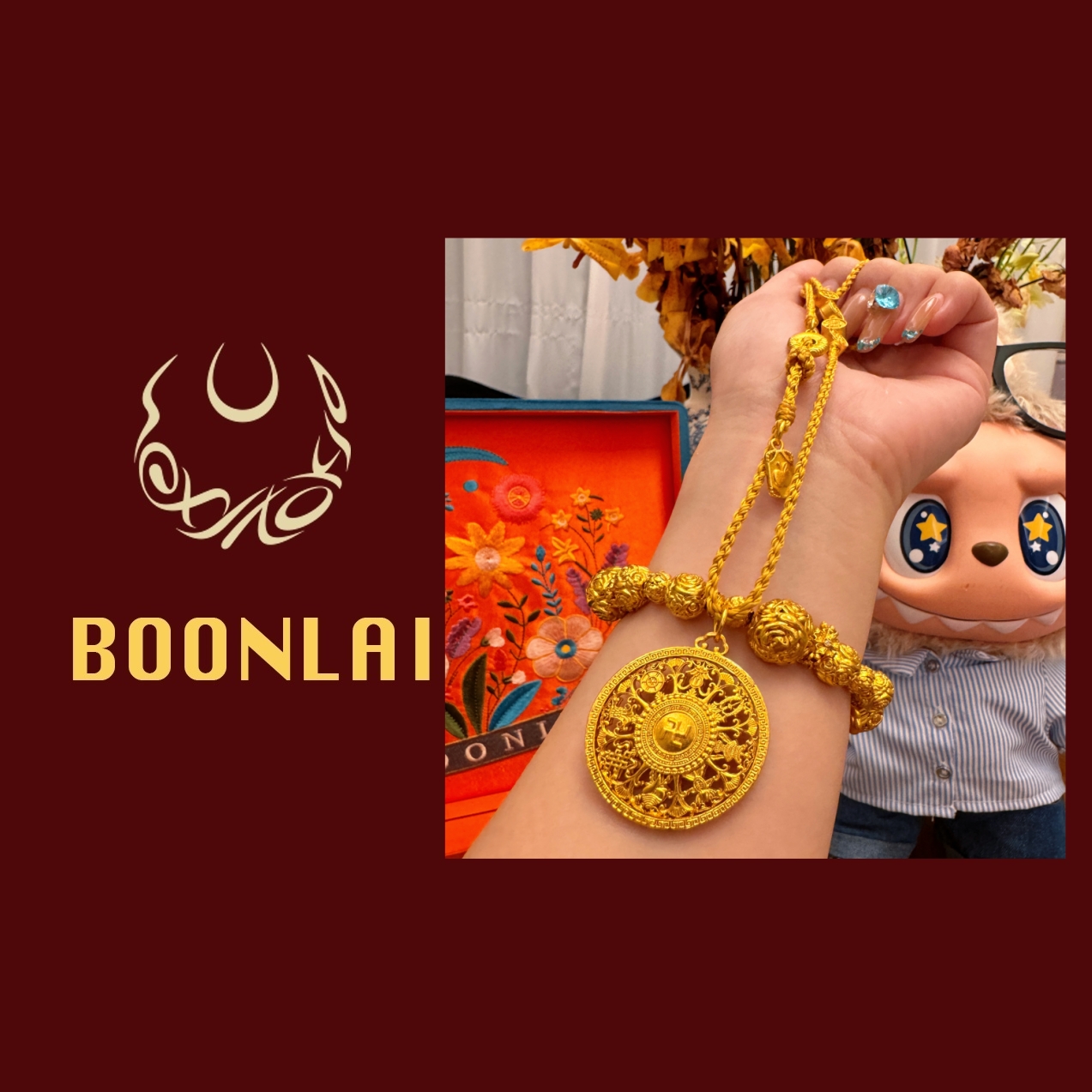 铜合金项链 Boonlai 镂空花纹万字罗盘项链4125