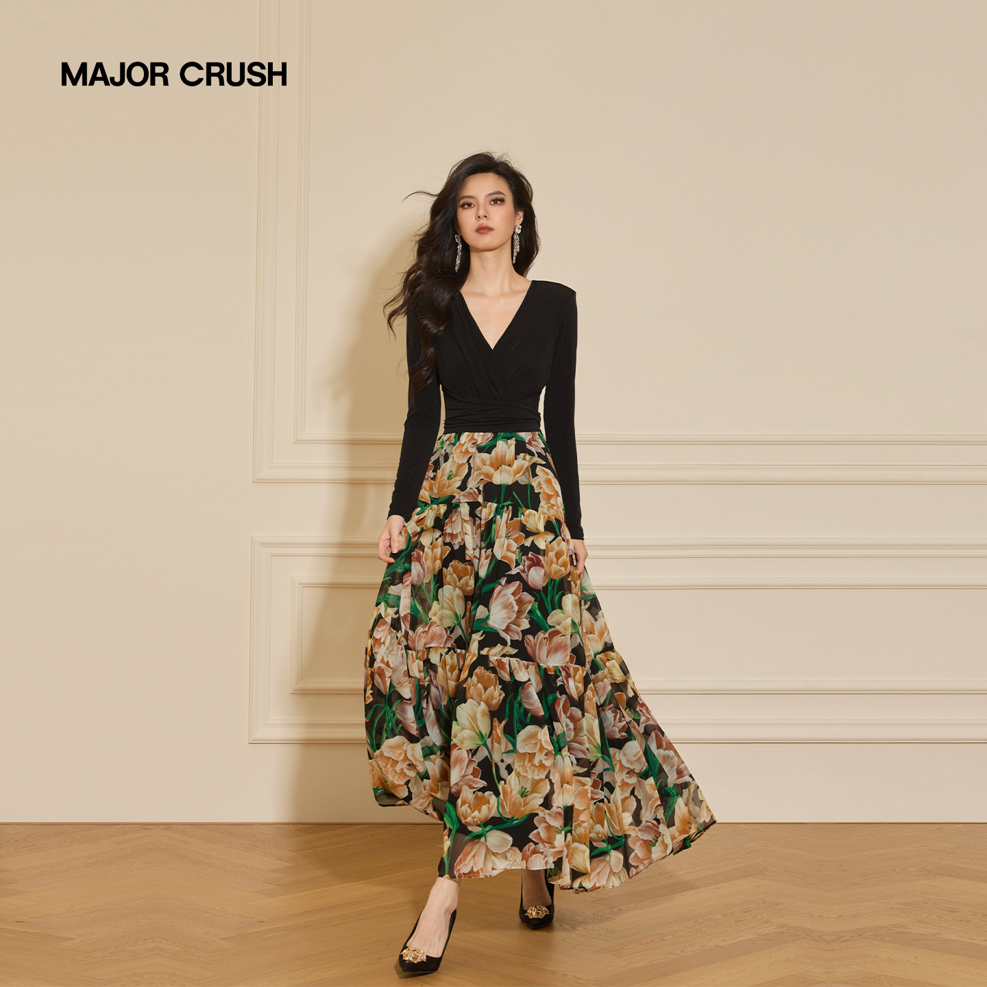 MAJOR CRUSH秋季新款月澜郁金蛋糕裙印花拼接优雅浪漫连衣裙7625