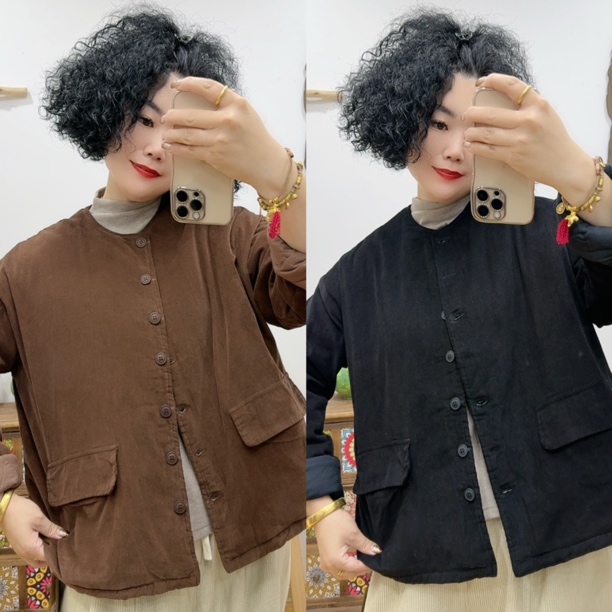 5307#灯芯绒圆领夹棉外套「衣长60cm左右」