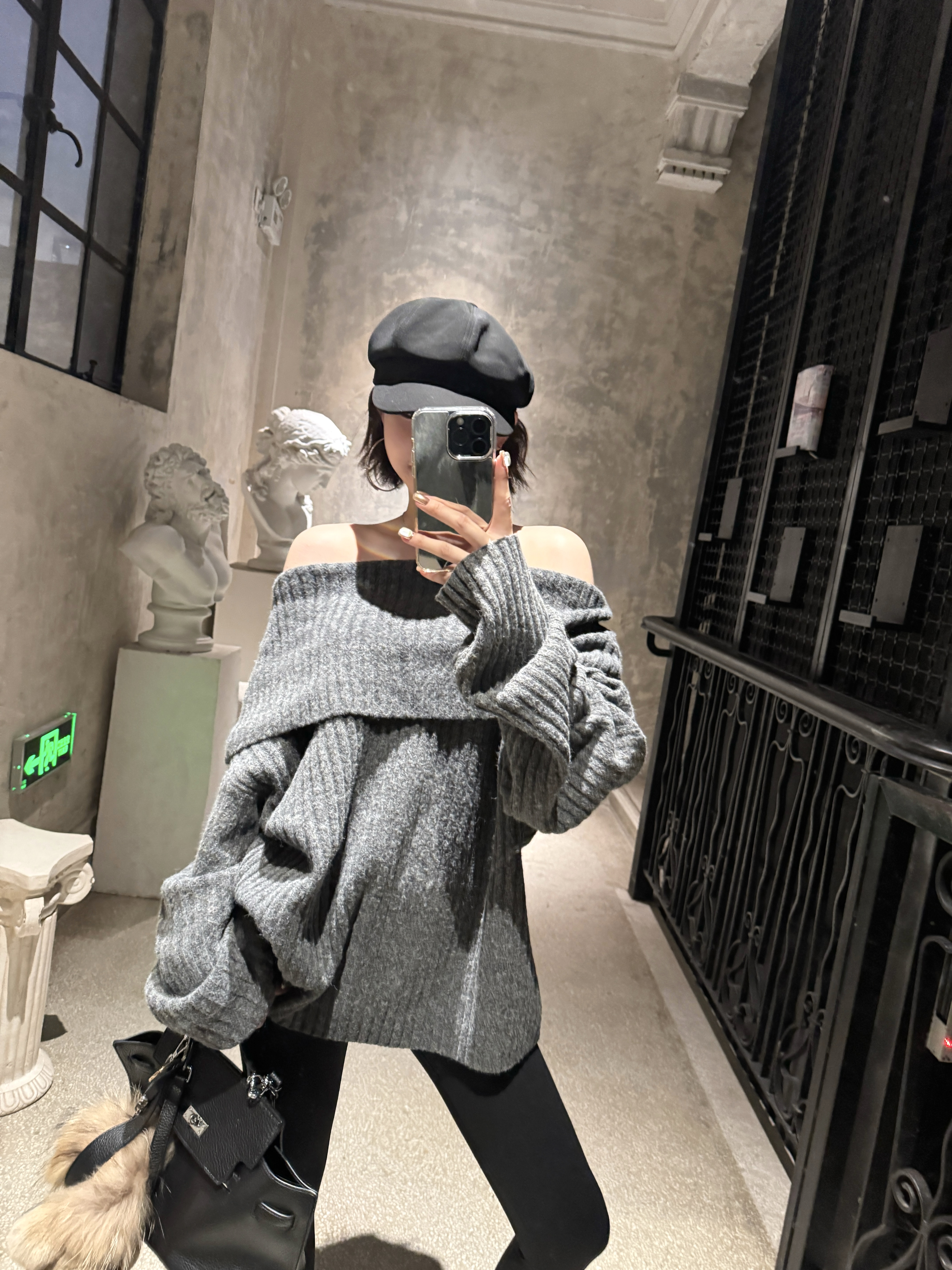 LynkaVogue韩系灰色一字肩毛衣2025秋冬新款百搭加厚外穿斜肩毛衣