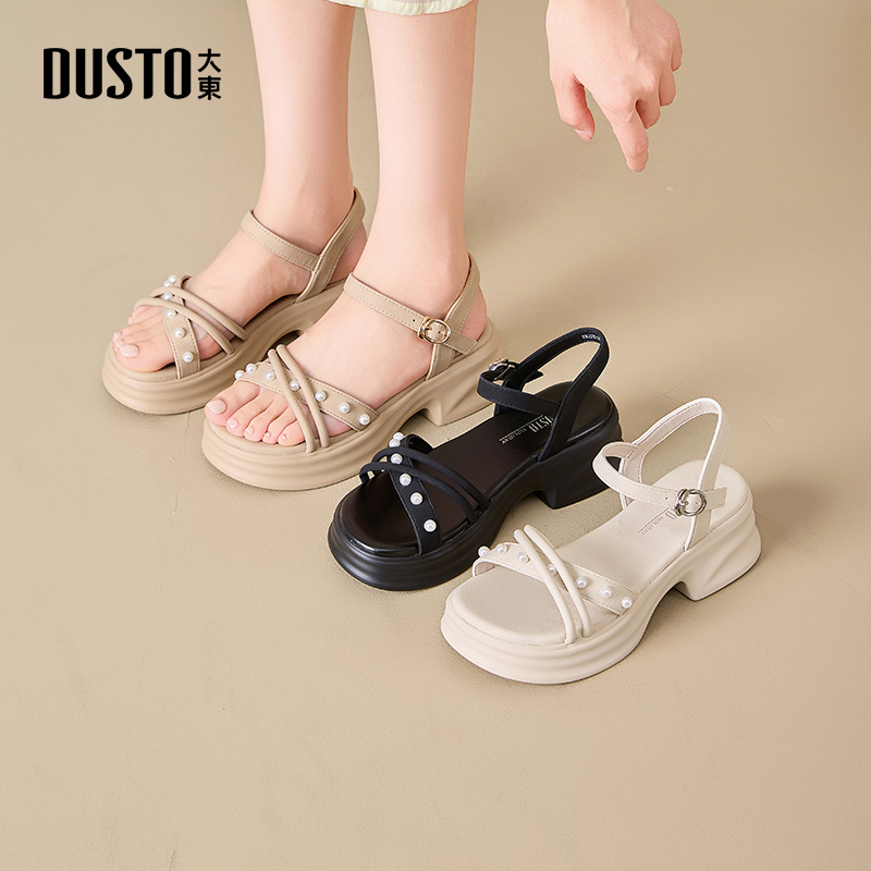 大东一字带珍珠凉鞋2025夏季新款时尚百搭外穿女鞋增高鞋子女1274