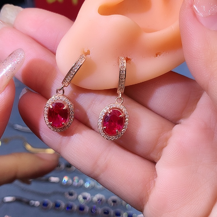 红宝石耳饰银S925镶嵌