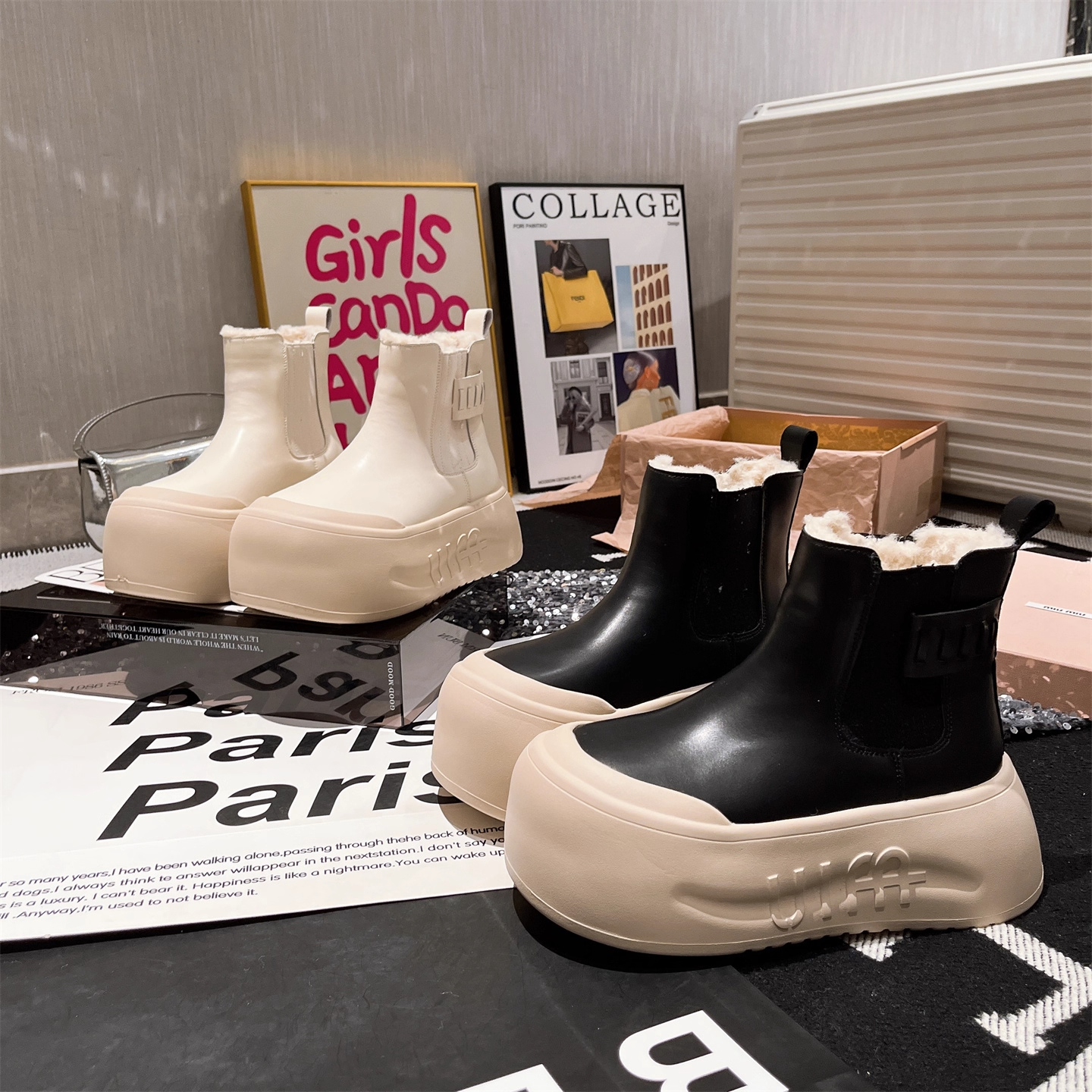 【盼】欧货松糕厚底厚绒雪地靴大头面包鞋马丁靴加绒短靴小个子女