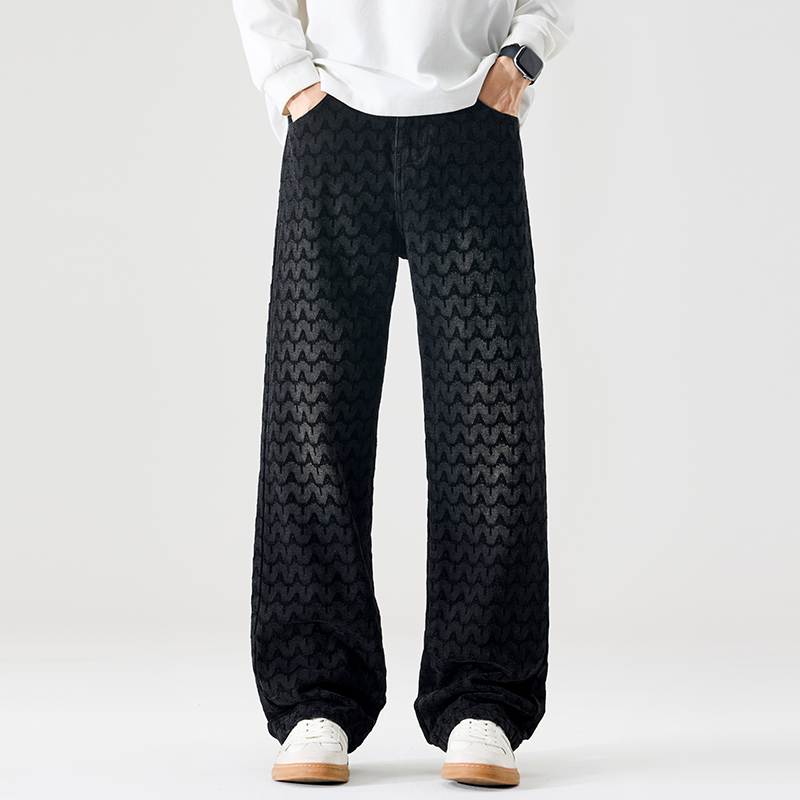 新款潮牌提花牛仔直筒裤大码男士春秋休闲裤时尚宽松垂感秋冬