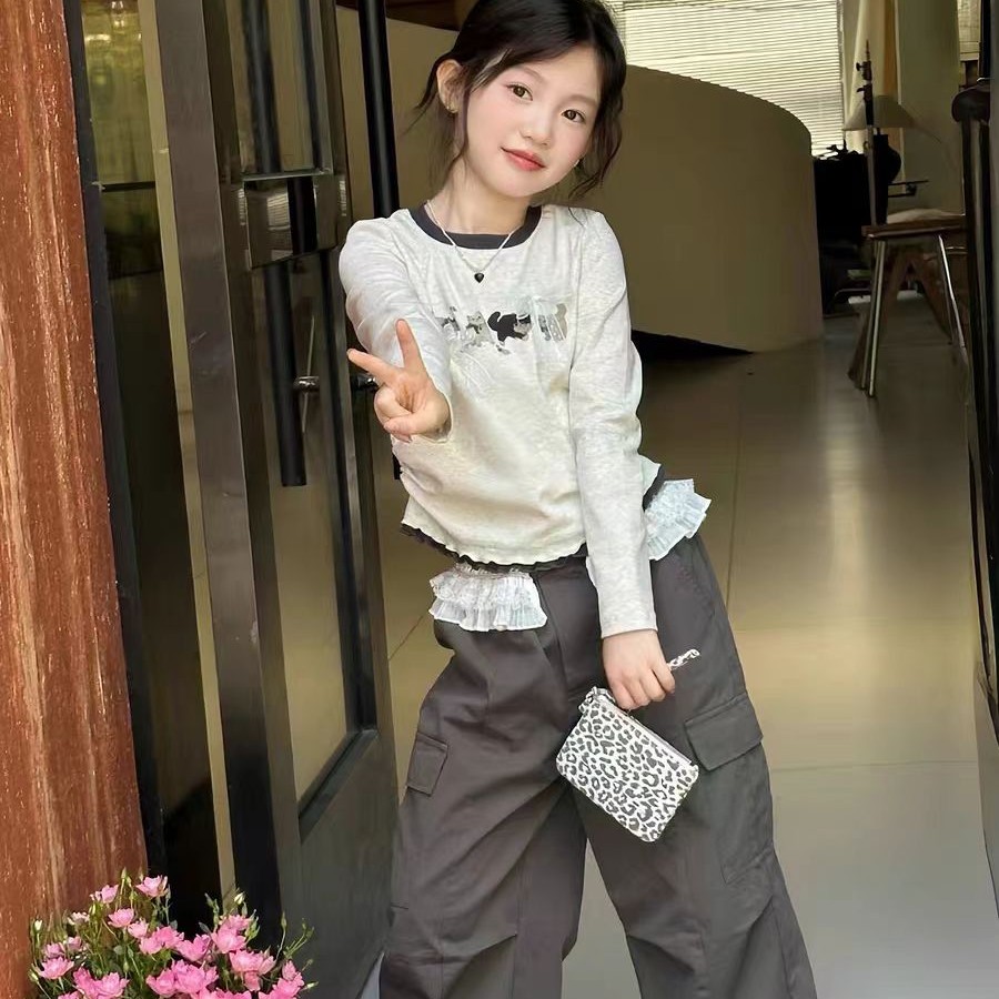C101 女童秋季长袖上衣工装裤两件套韩版甜酷洋气套装时尚休闲