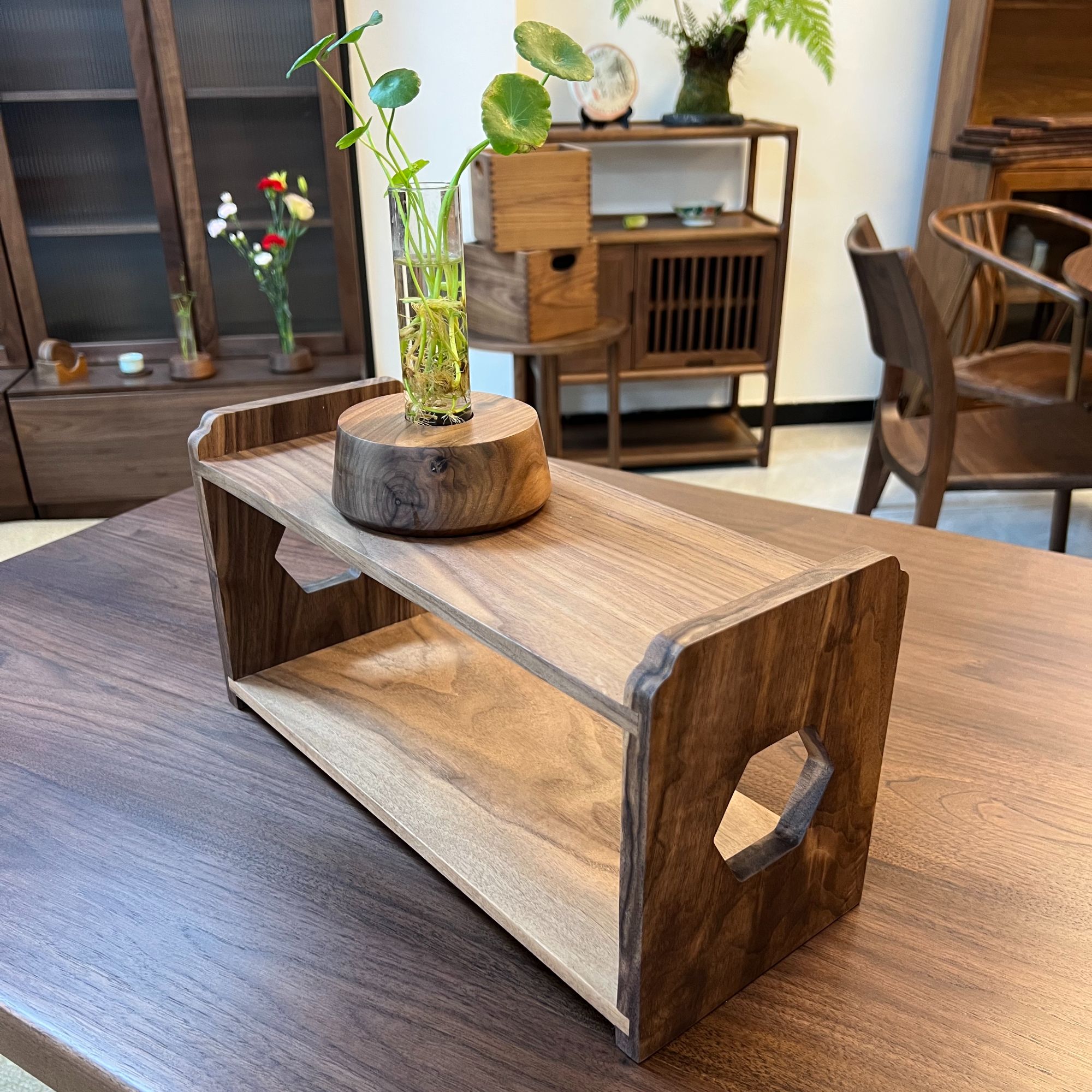 双层收纳架黑胡桃实木桌中式博古架茶杯茶具餐具多功能客厅木质