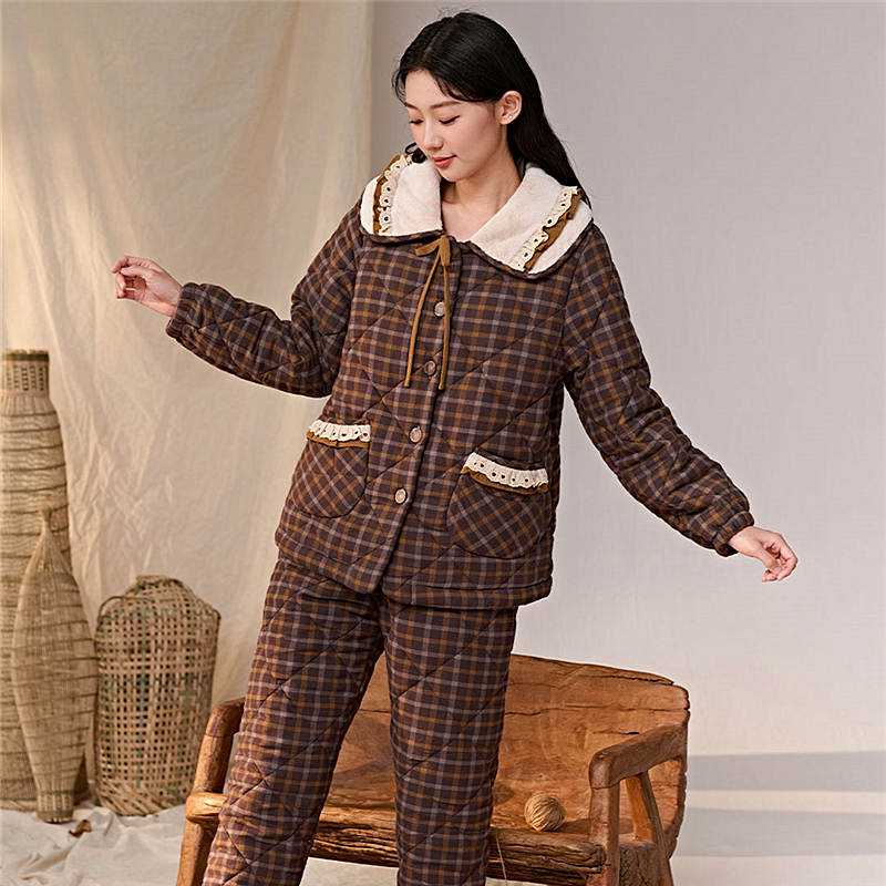 安伴磨毛纯棉夹棉睡衣女冬季加绒加厚三层保暖复古风格子家居服