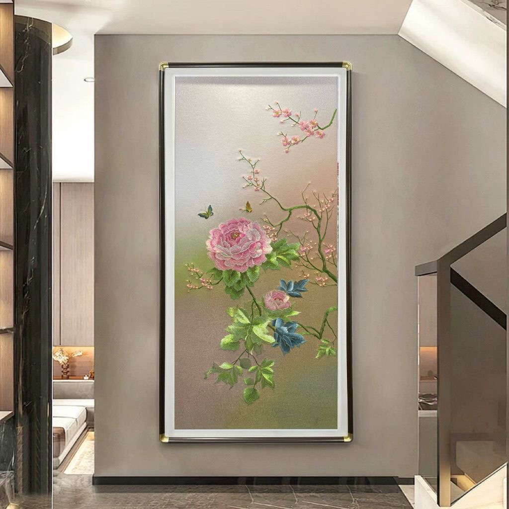 富贵同春高档织锦刺绣挂画迎门玄关过道苏绣装饰画牡丹幸福花壁画