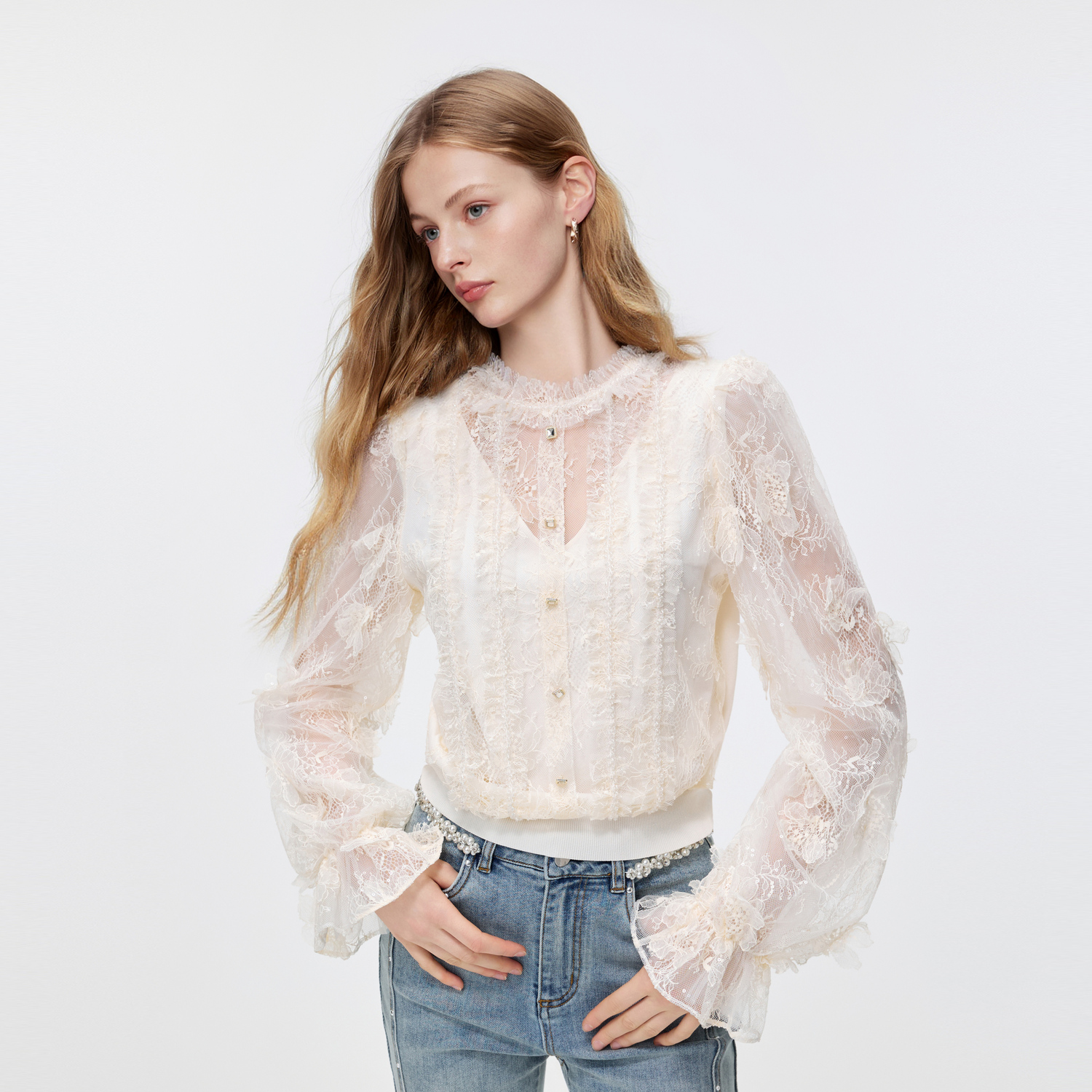 MISSCOCOON可可尼假两件打底衫女2026春季新款亮片蕾丝毛针织衫