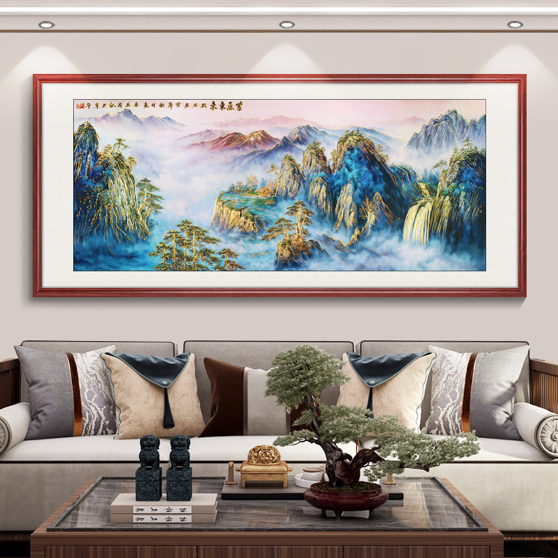 浮雕描金 紫气东来 新中式山水客厅装饰画办公室沙发背景墙挂画