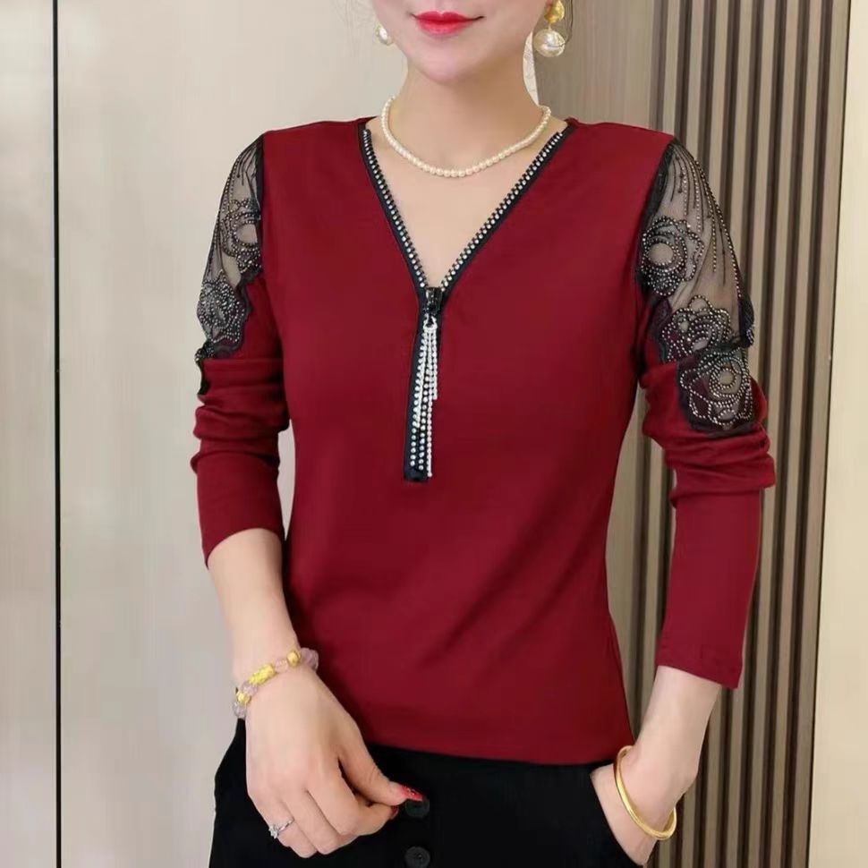 V领蕾丝拉链气质玫瑰性感镂空款爆款洋气时尚长袖打底衫女美
