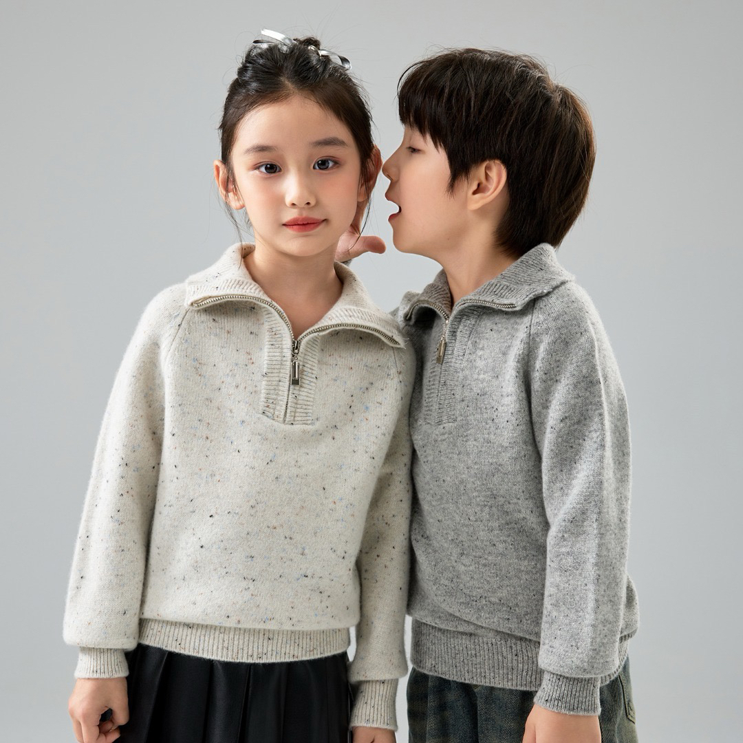 儿童纯羊毛衫半拉链polo领双股加厚花纱男女童中大童上衣毛衣针织