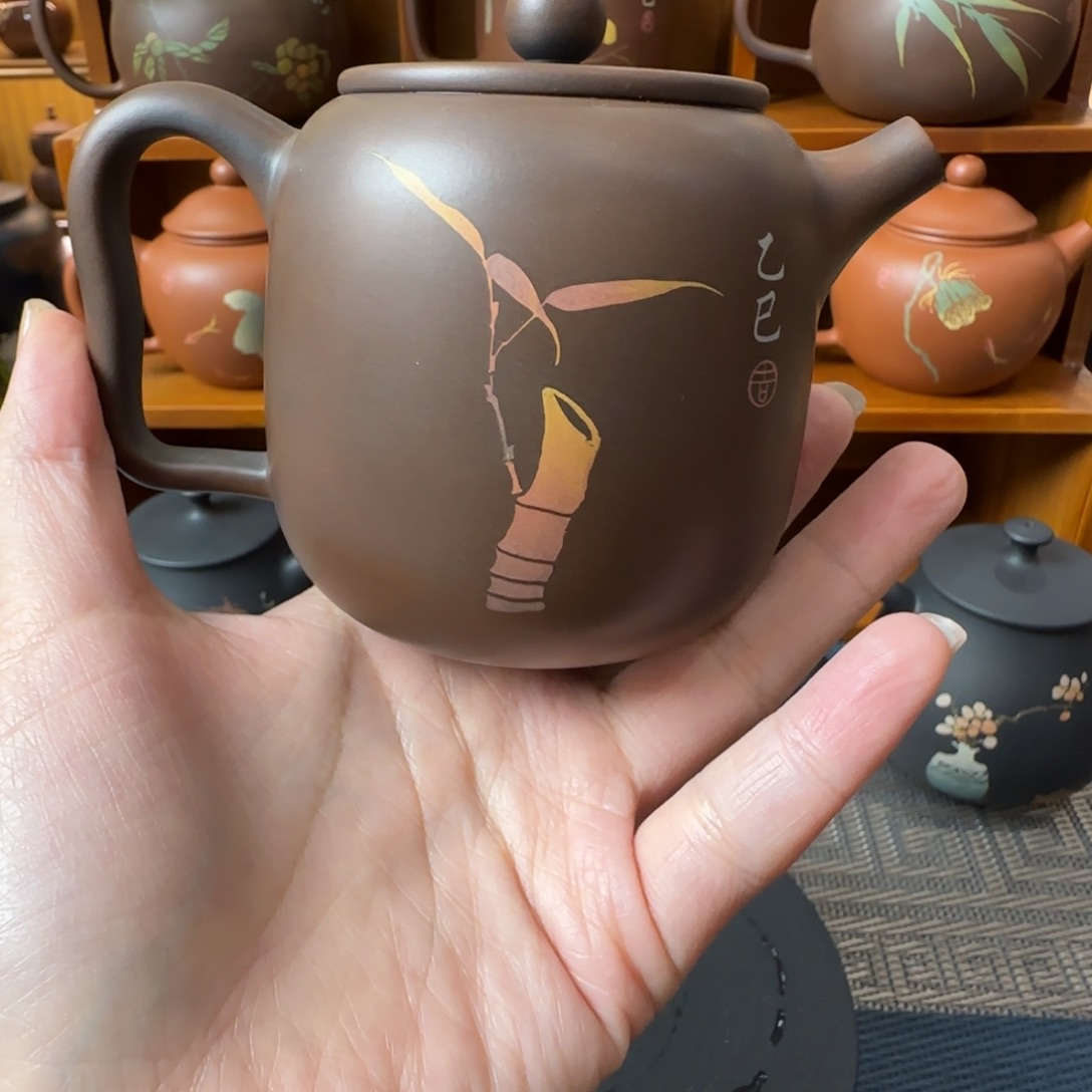 建水紫陶彩填茶壶