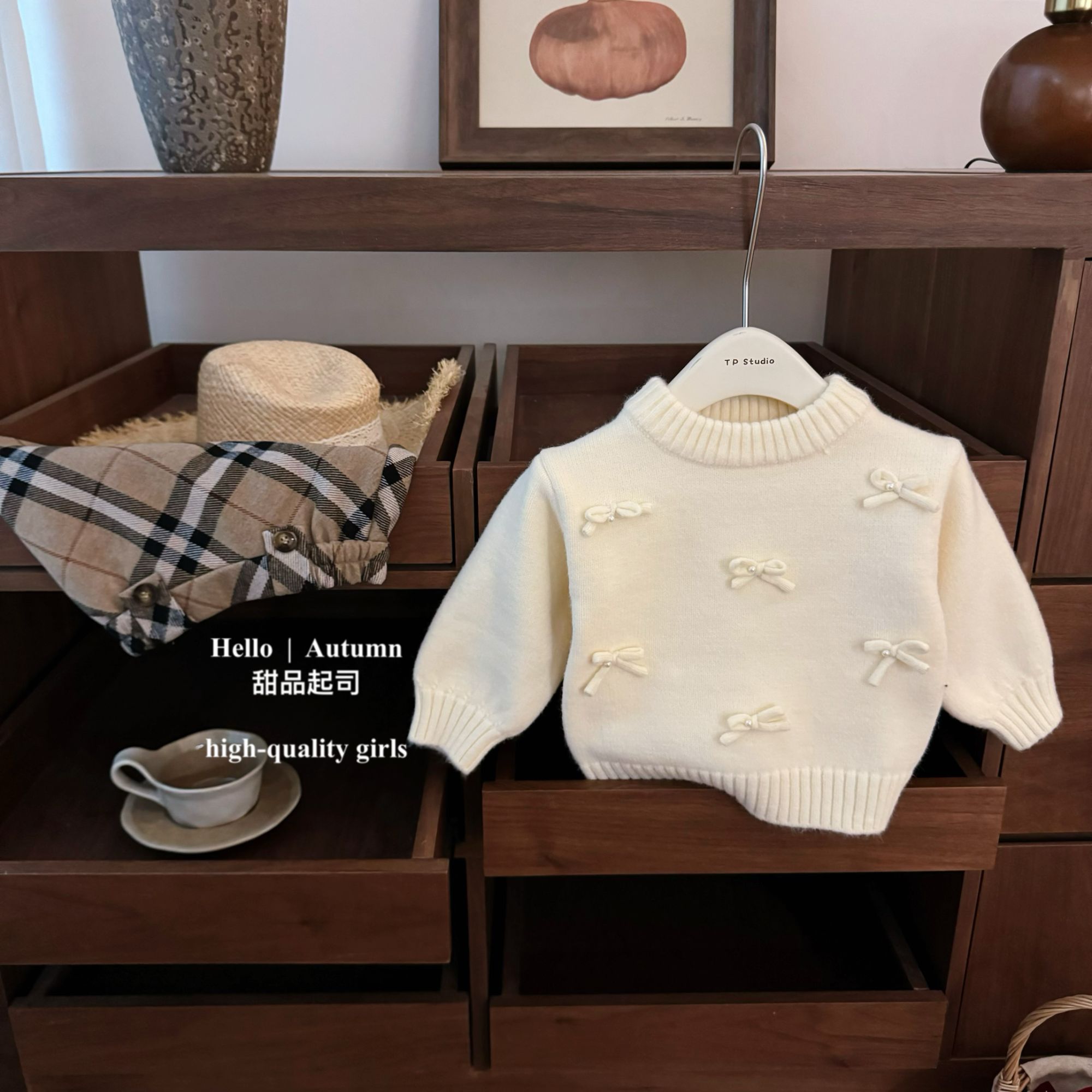 【甜品起司】古早千金！经典女宝宝蝴蝶结毛衣格子短裙洋气套装潮