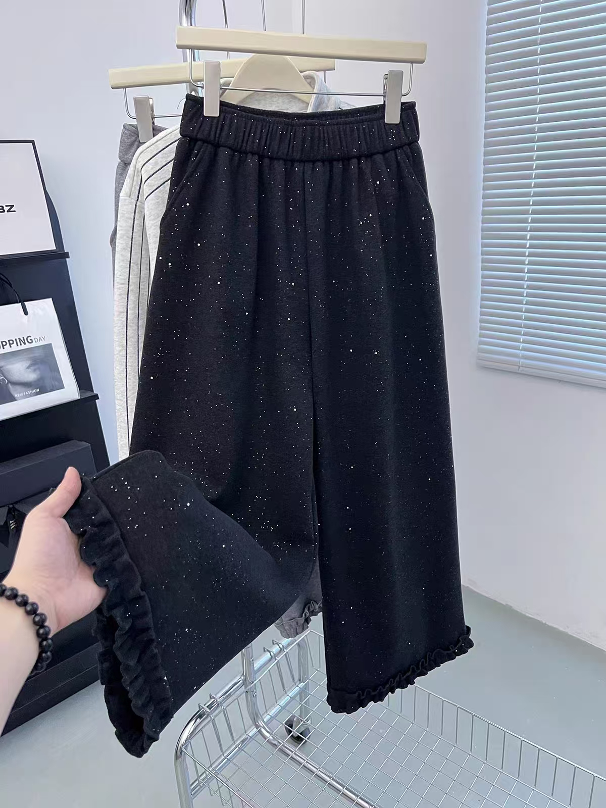 高腰厚款秋冬木耳边休闲长裤松紧腰重工设计师撒银25101