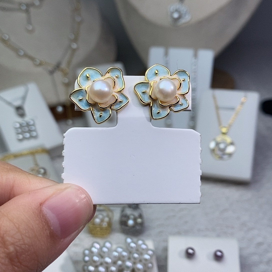 耳饰银S925镶嵌淡水珍珠