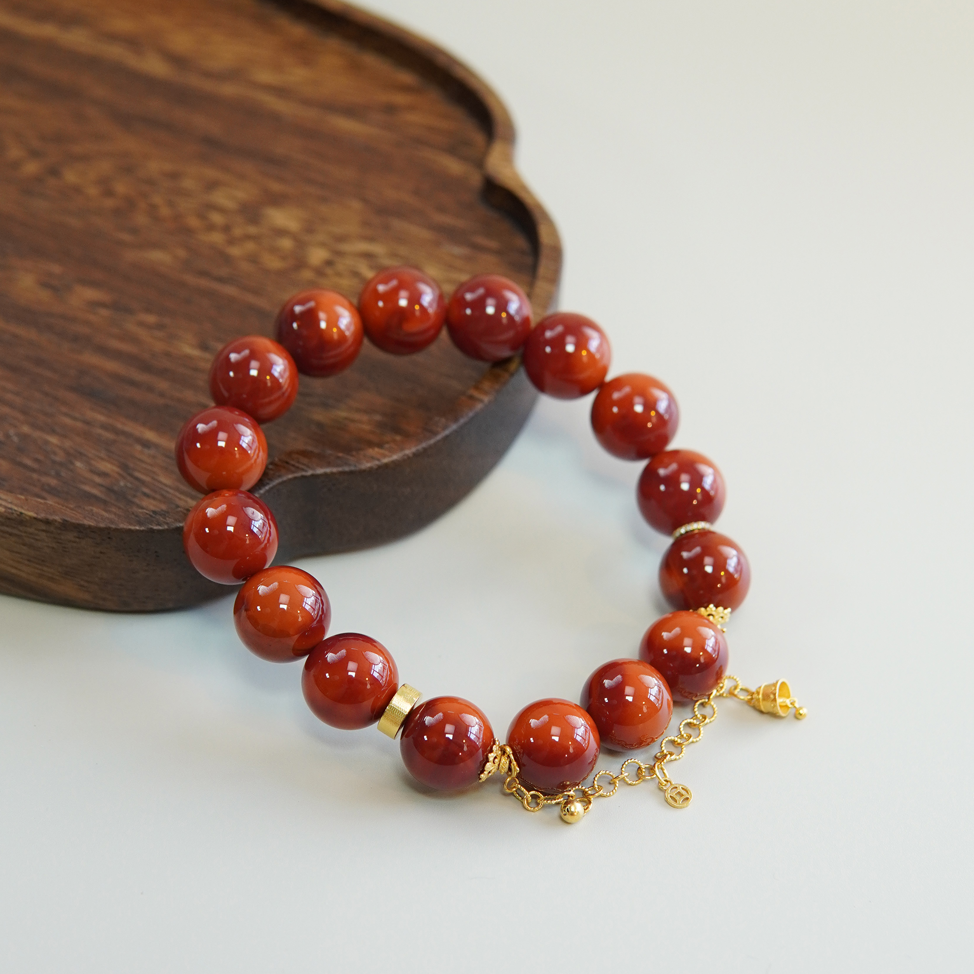 【南玥珠宝】原矿18K金镶玫锦双色手串南红12mm无胶无裂N7-2