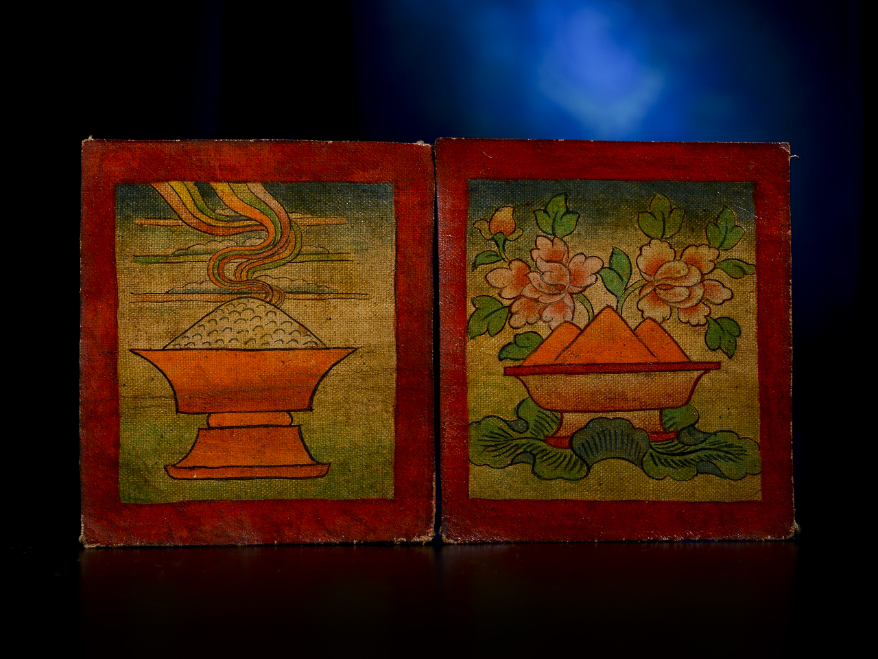 【藏传】[布上手绘] 两张一套背带文字扎卡 唐卡