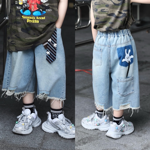 【现货】Jimmy妈童装童趣档案夏季米奇手掌印花飘带水洗蓝牛仔裤