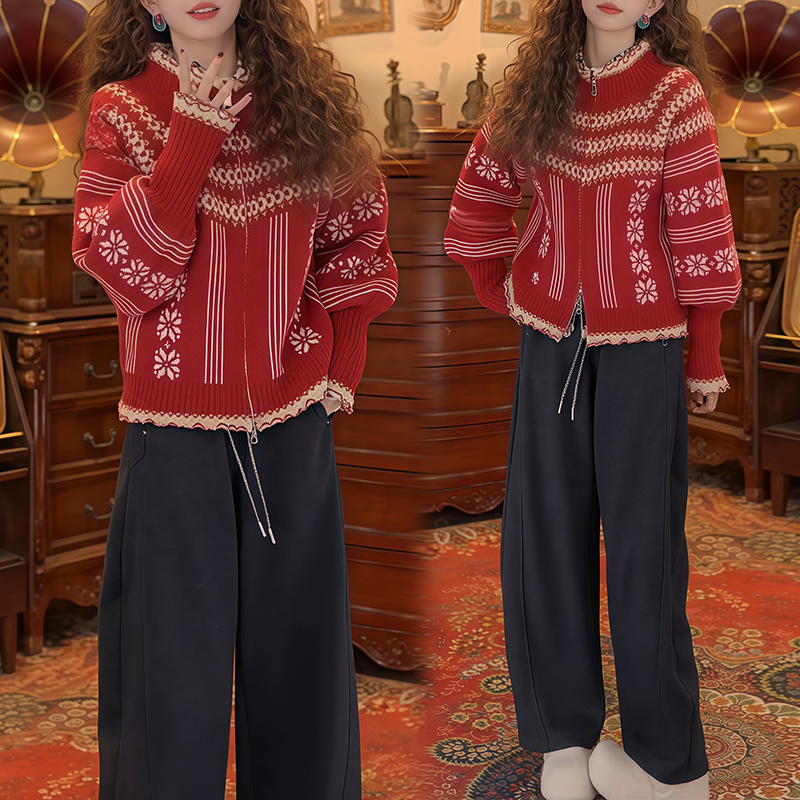 提花全拉链针织衫阔腿裤套装2025秋冬复古风格高级休闲时尚穿搭款