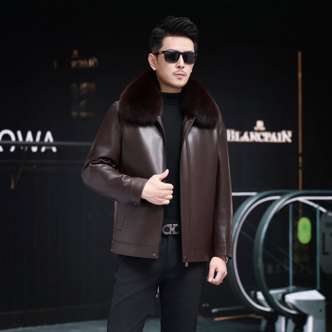 男士真皮皮衣狐狸毛领皮毛一体短款加绒脱卸内胆绵羊皮中年皮外套