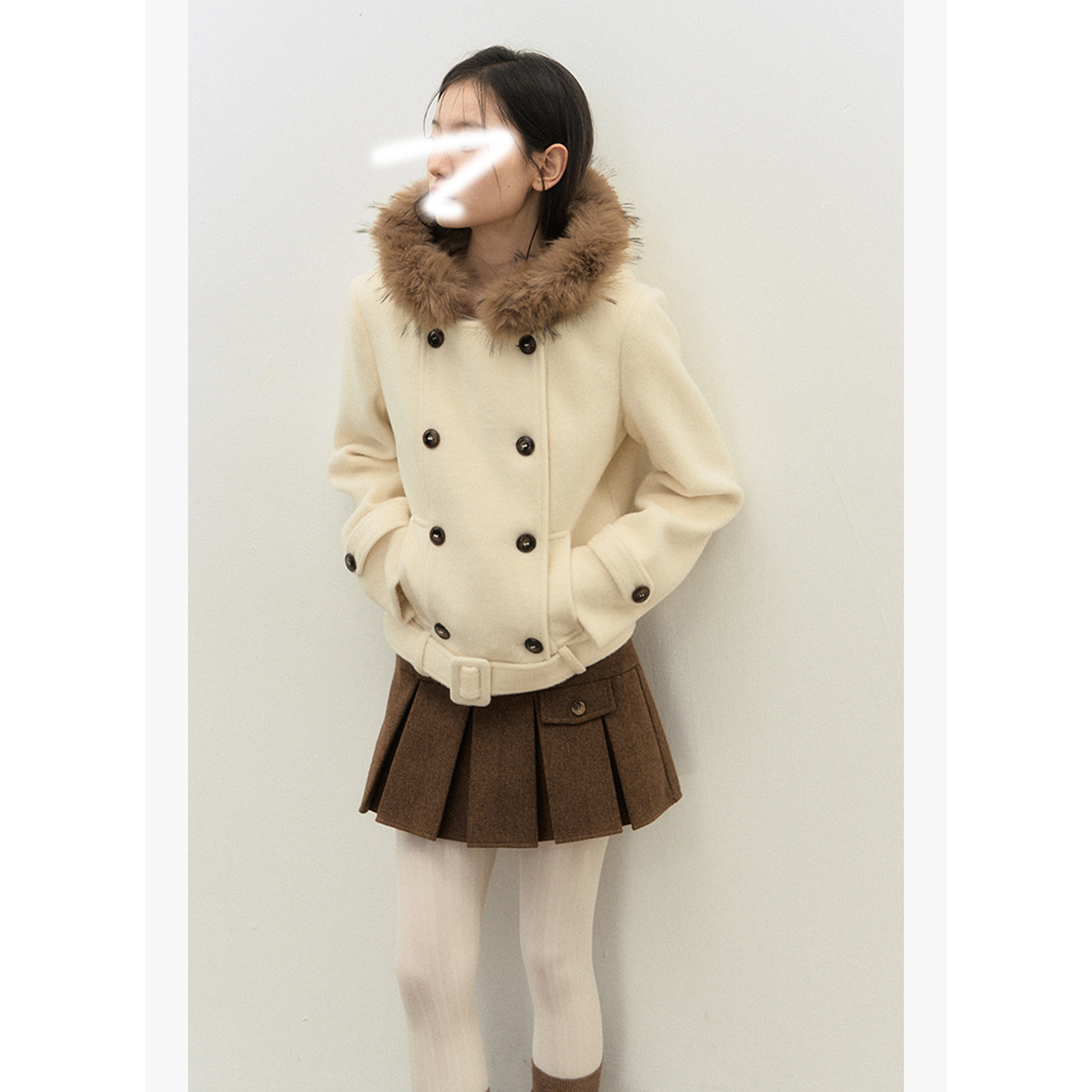 毛领双排扣短款毛呢咩咩毛大衣连帽外套女收腰秋冬款加厚百搭时尚