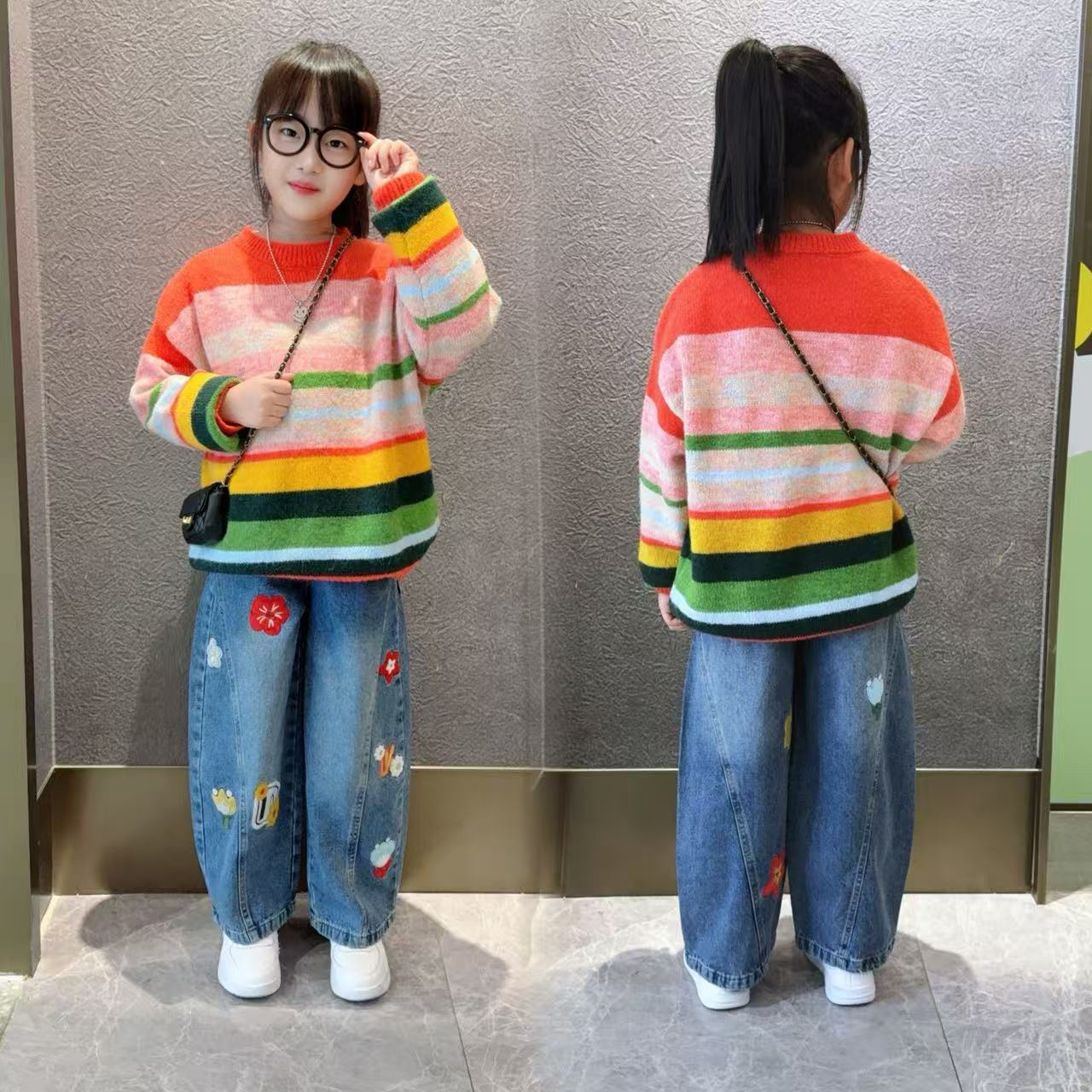 氛围感霓虹法式毛衣渐变彩色条纹针织2025女童重工绣花弯刀牛仔裤