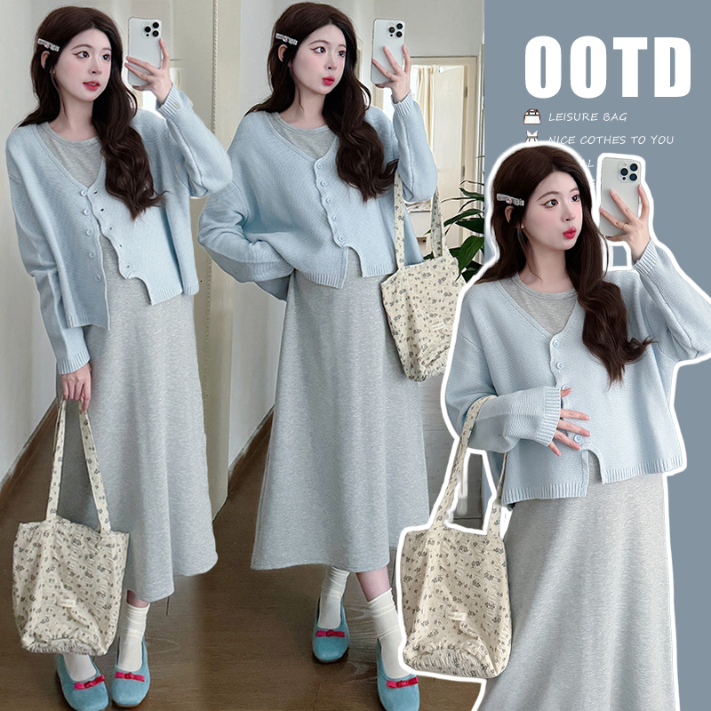 孕妇连衣裙春秋款2024秋冬小香风气质套装小香风开衫背心裙两件套