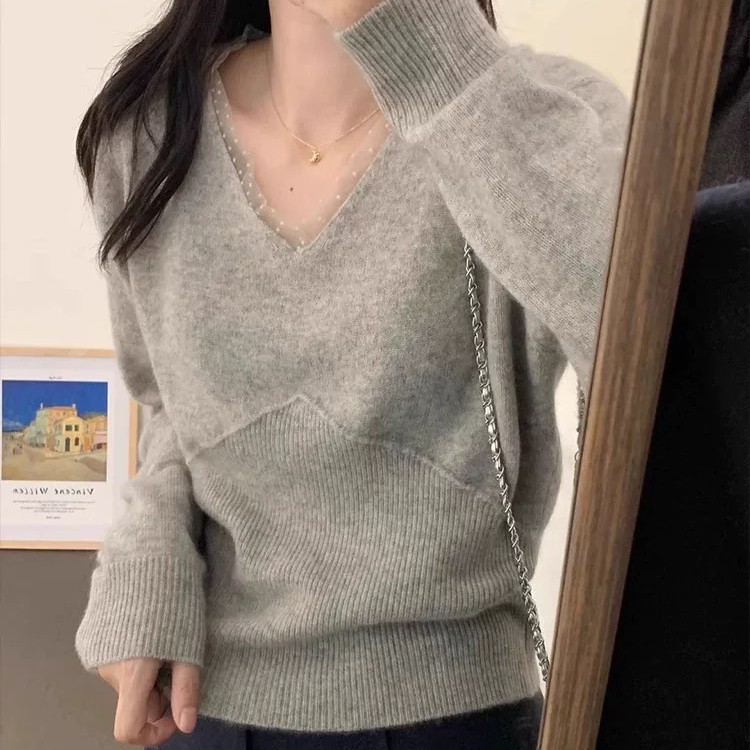 韩版短款v领精仿羊毛针织衫女秋冬高级感修身毛衣打底衫气质上衣