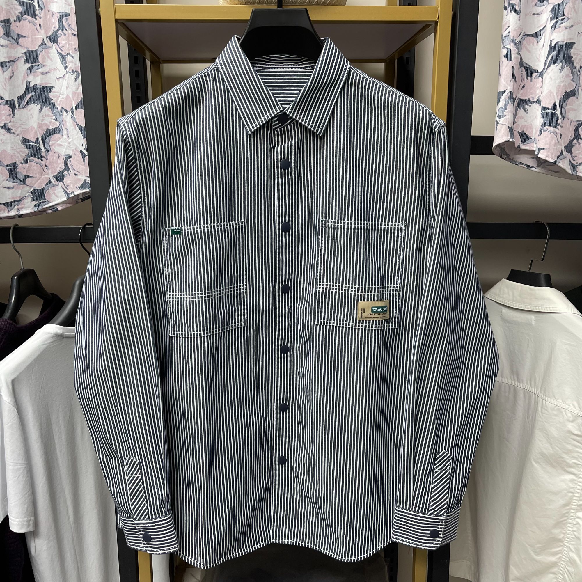 100棉！品牌撤柜 男士春秋季条纹长袖衬衫宽松衬衣男