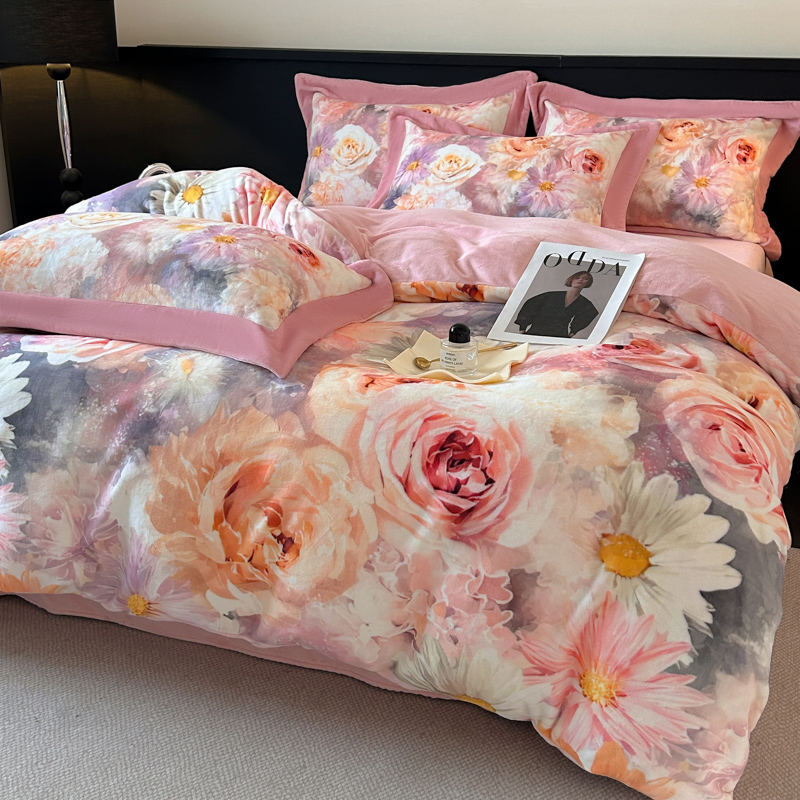 加厚加绒大版数码印花牛奶绒四件套保暖双面绒被套床单防静电冬季